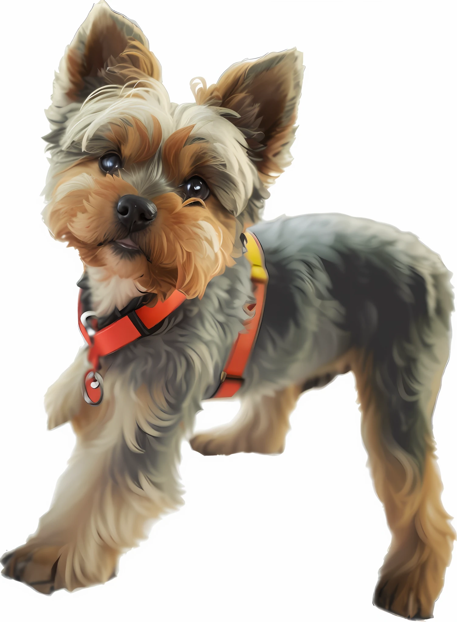There is a small dog with a red collar and a red collar, Yorkshire terrier, small dog, enlarged, zoomed in, looking sideways, cute dog painting, drawn with photoshop, enlarged portrait of a duke, sturdy zeus portrait, a handsome, looking at the camera, looks smart, zoom out shot, 3d, cartoon