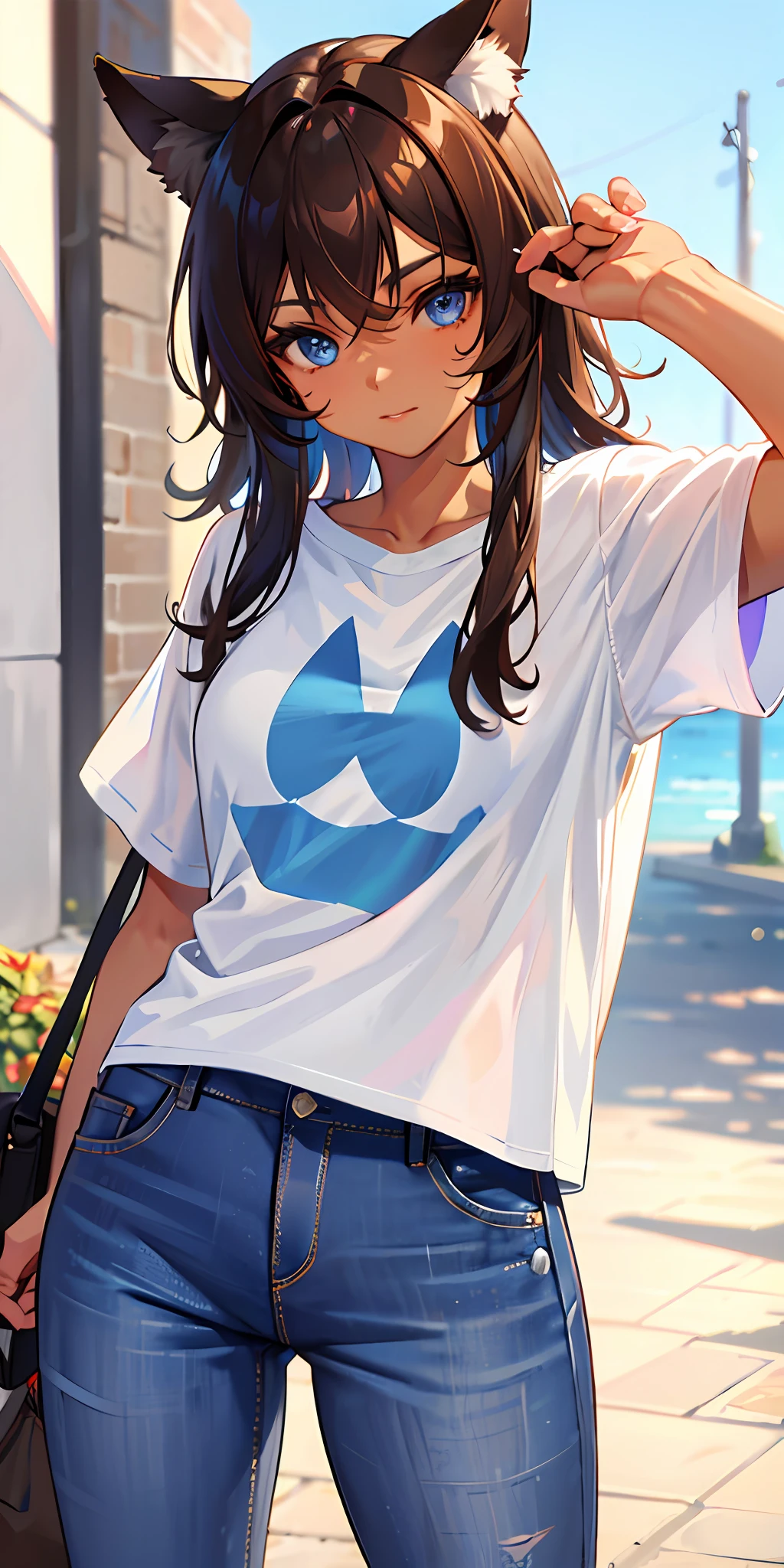 pretty face, tanned skin, brown hair, blue eyes, cat ears, baggy t-shirt, jeans
