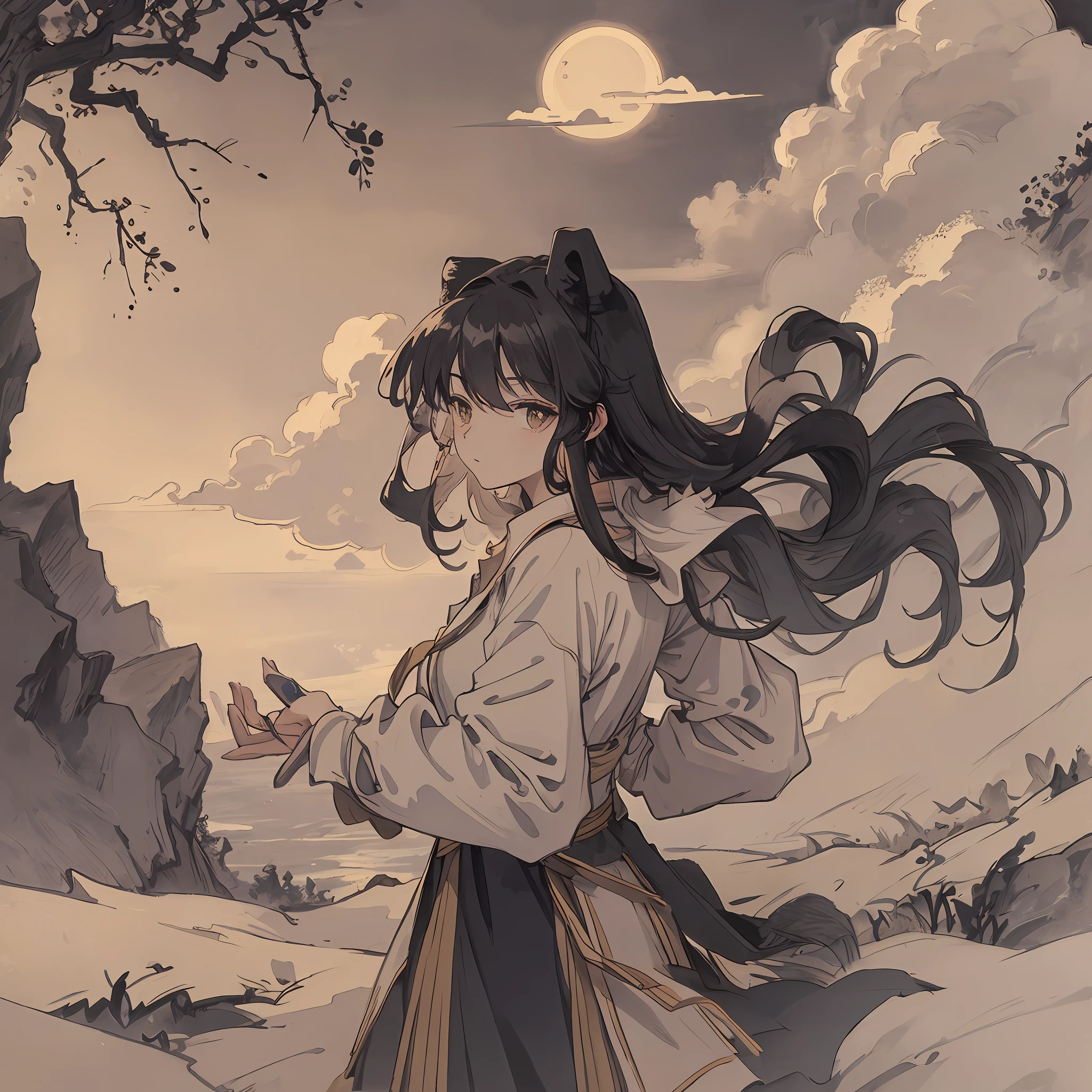 Masterpiece, best quality, night, hills, clouds, full moon, long hair, woman, silhouette, firefly.