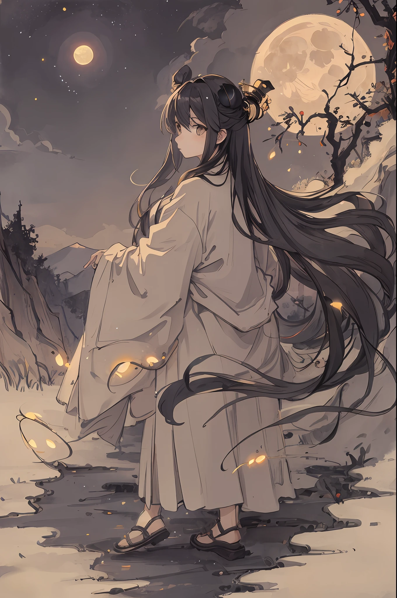 Masterpiece, best quality, night, hills, clouds, full moon, long hair, woman, silhouette, fireflies.