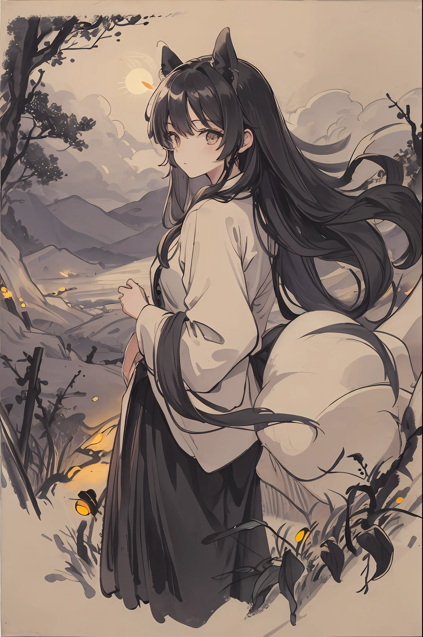 Masterpiece, best quality, night, hills, clouds, full moon, long hair, woman, silhouette, fireflies.