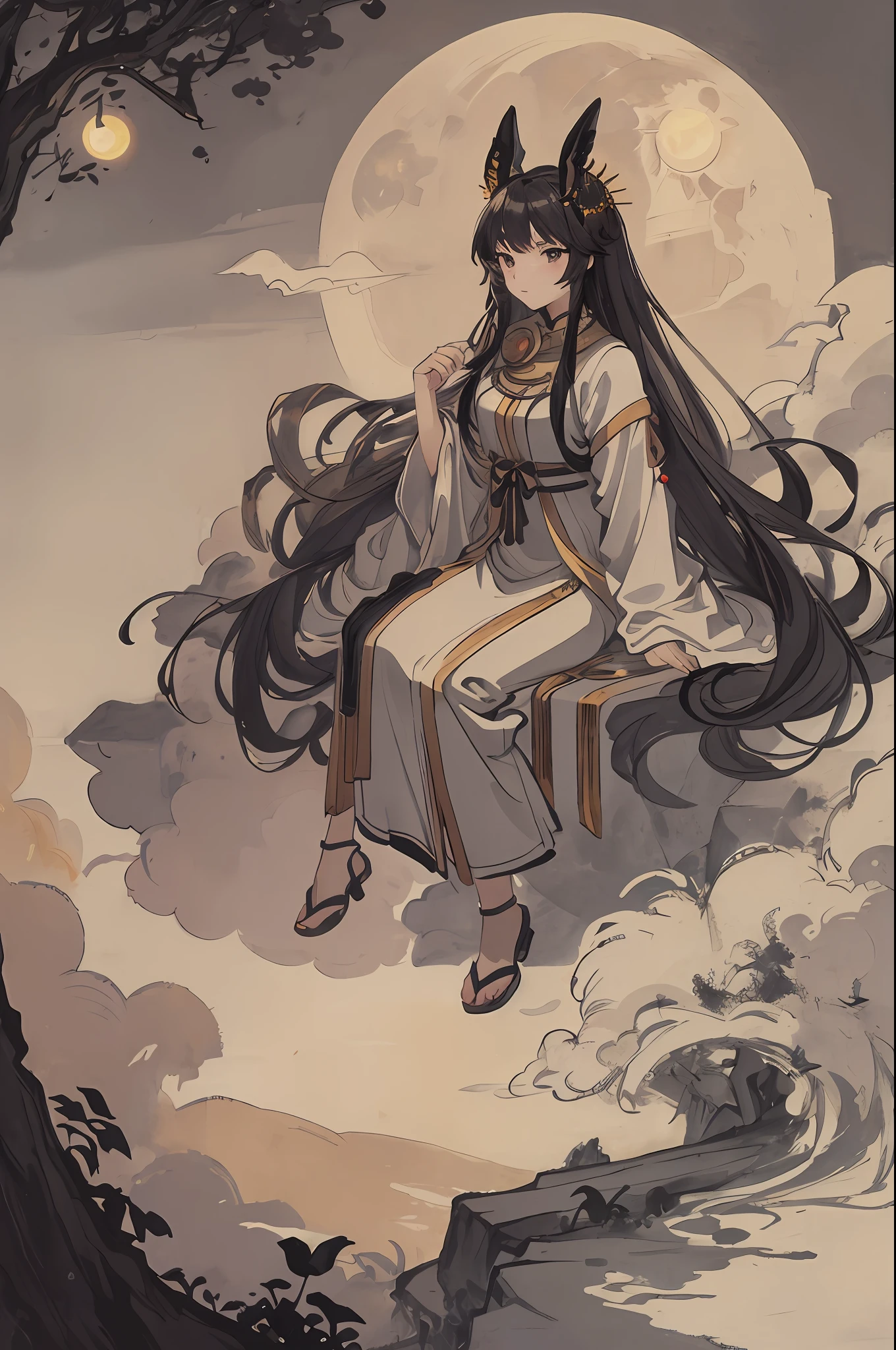 Masterpiece, best quality, night, hills, clouds, full moon, long hair, woman, silhouette, fireflies.