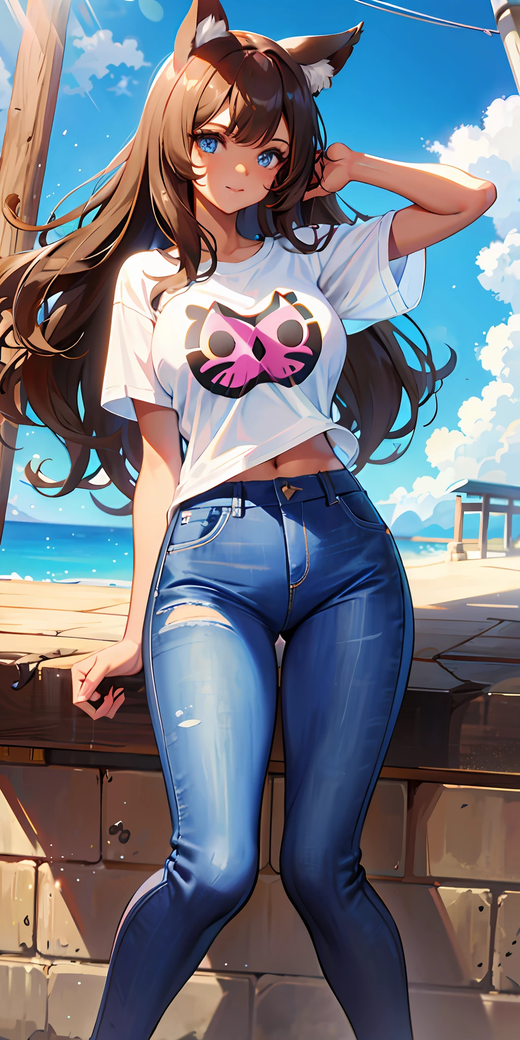 pretty face, tanned skin, brown hair, blue eyes, cat ears, baggy t-shirt, jeans, large breasts