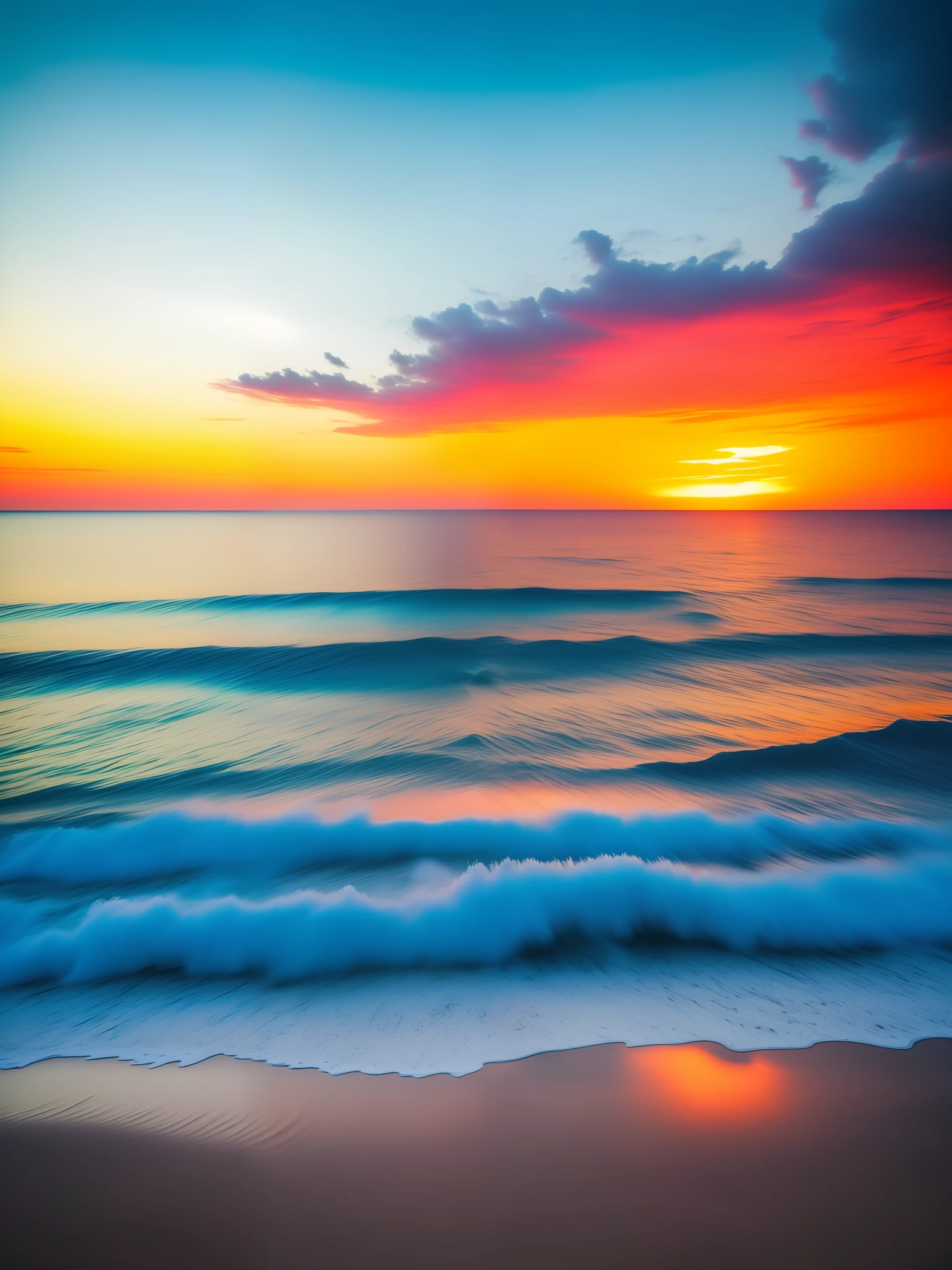 An absolutely mesmerizing sunset over the beach, with a blend of oranges, pinks, and yellows filling the sky. Crystal-clear waters of the sea gently kissing the shore, with sandy white beach stretching far and wide. The scene is dynamic and breathtaking, with seagulls soaring high in the sky and gently swaying palm trees. Take in the calming atmosphere and let the peacefulness wash over you.