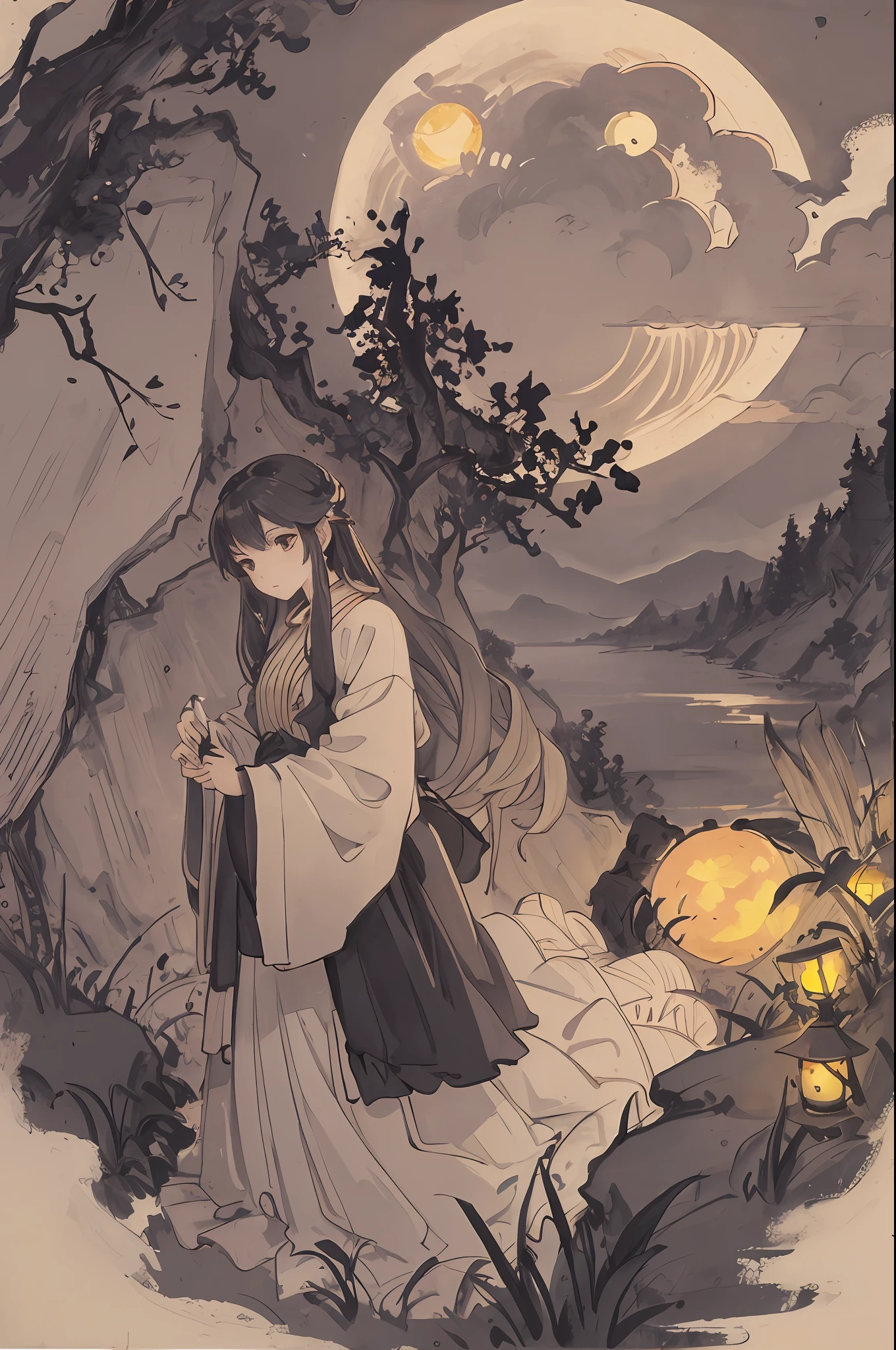 Masterpiece, best quality, night, hills, clouds, full moon, long hair, woman, silhouette, fireflies.