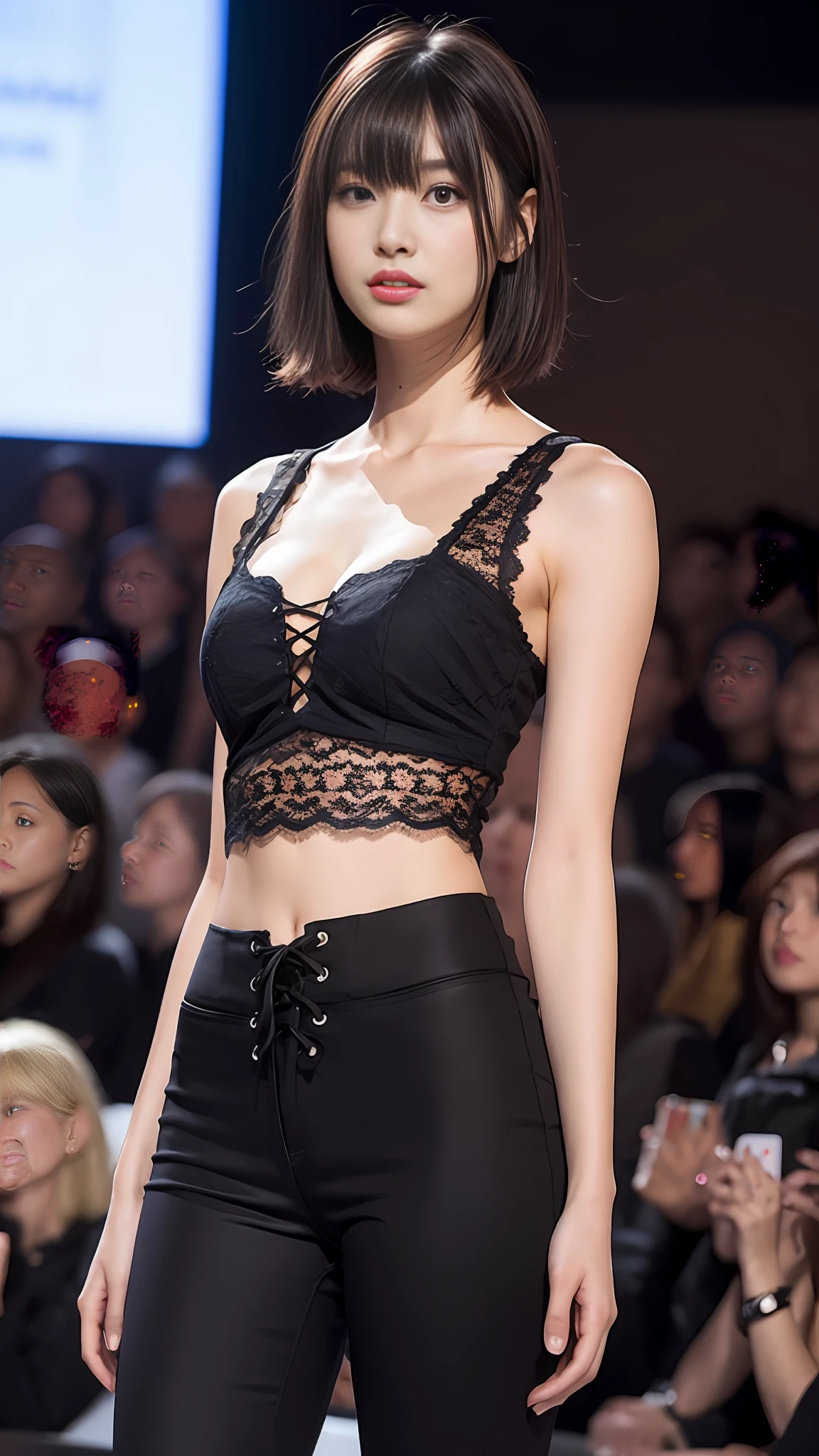 Realistic, realistic, warm tones, noise shift, 1 girl, upper body, straight, (looking at the audience), medium breasts, collarbone, black (front lace-up top), eye shadow, parted lips, (1_pureerosface_v1:0.3), slender waistline, bangs hairstyle, background, catwalk model, slim figure full body photo, leggings underneath, big breasts