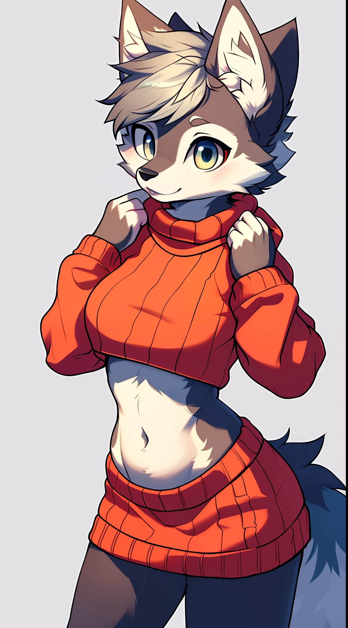 Masterpiece, best quality, high-res, art by Zachary, zackary, full body, sweater, navel, wolf, wolf girl, 1girl, woman, breasts, solo, digital art, beautiful, perfection