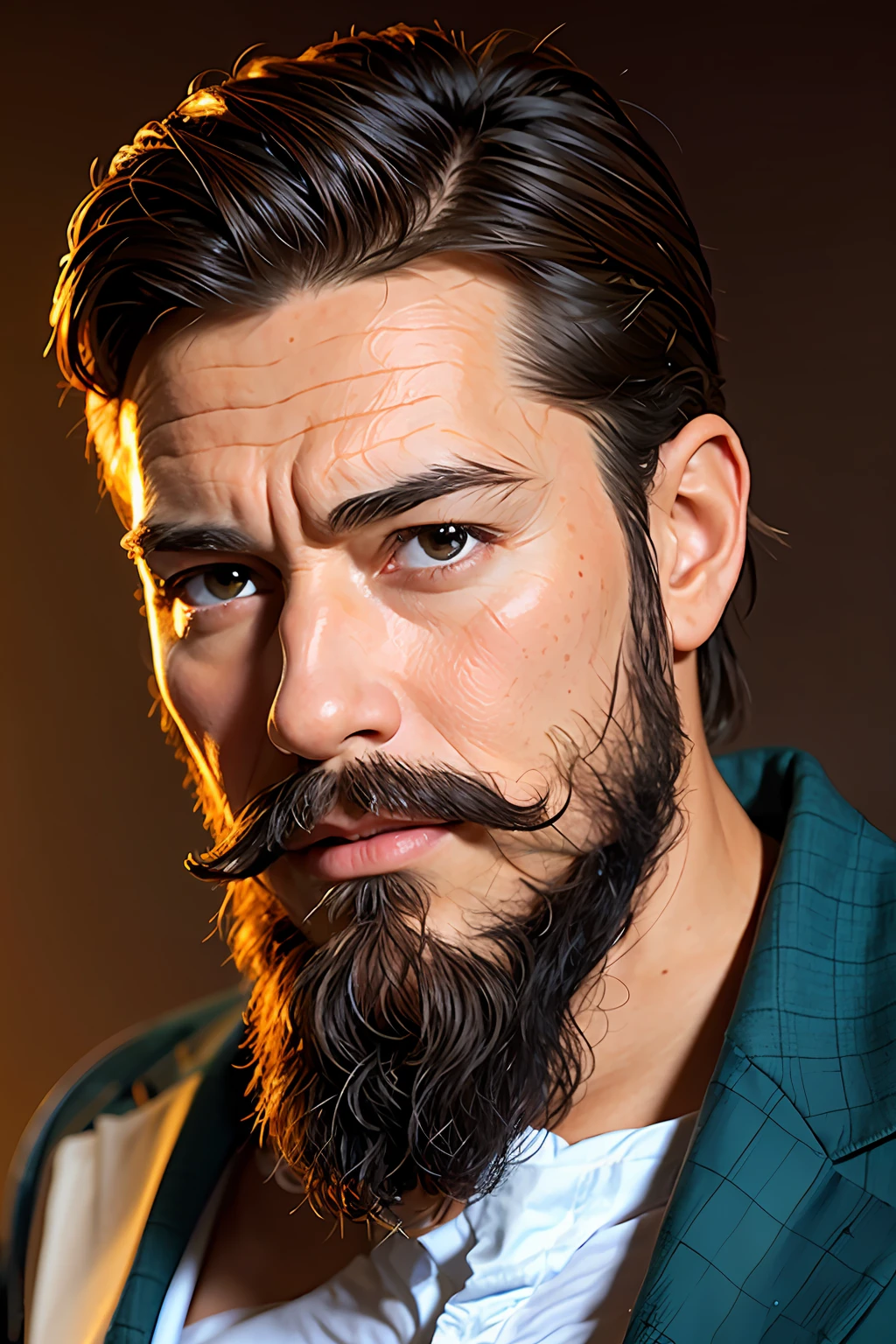 Mature male, mustache, half-breasted, frown, 4k, high resolution, masterpiece, best quality, clear focus, (cinema lighting), collarbone, [:( facial details: 1.2:0.2]