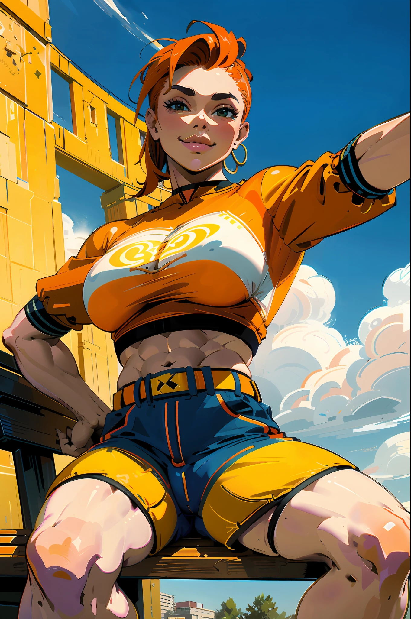 masterpiece, best quality, a professional erotic portrait photograph with vivid colors of a muscular colombian woman with undercut side-parted orange hair wearing streetwear cropped shirt and short shorts, showcasing underboob, sitting on a bench in a public park with wide spread legs, looking down at viewer, naughty smile, (from below)