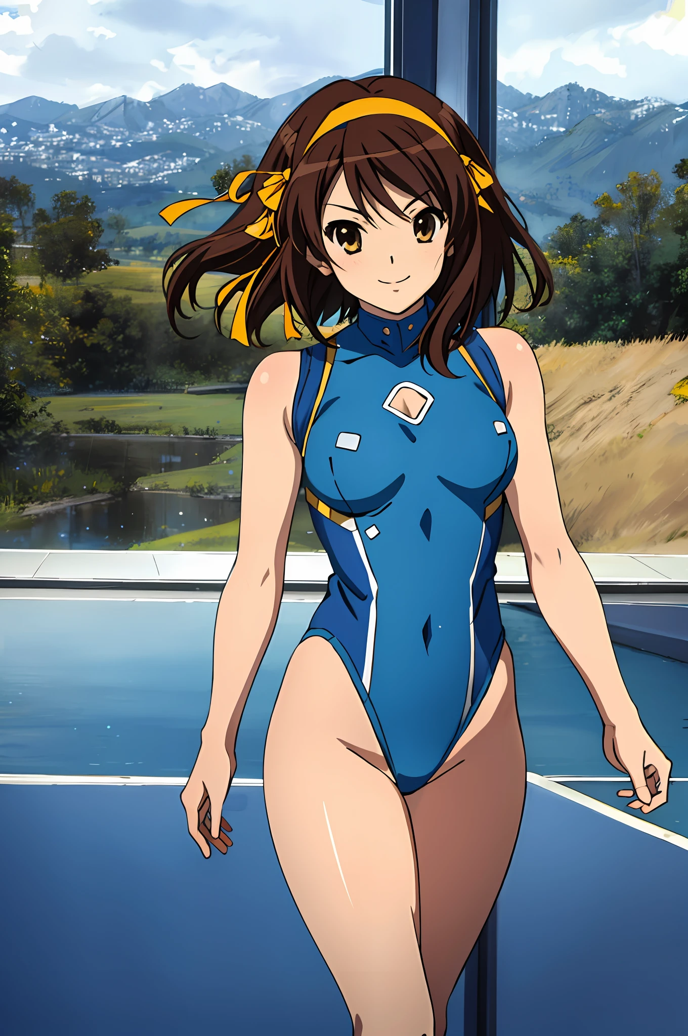 masterpiece, best quality, highres, 1girl, solo, superhero, leotard, blue and white leotard, bare legs, brown hair, short hair, brown eyes, hairband, medium hair, ribbon, boots, matching boots, blue boots, medium breasts, cowboy shot, standing, smile, city backdrop, haruhi suzumiya, kyoani haruhi style, sleeveless, blue sparkles,