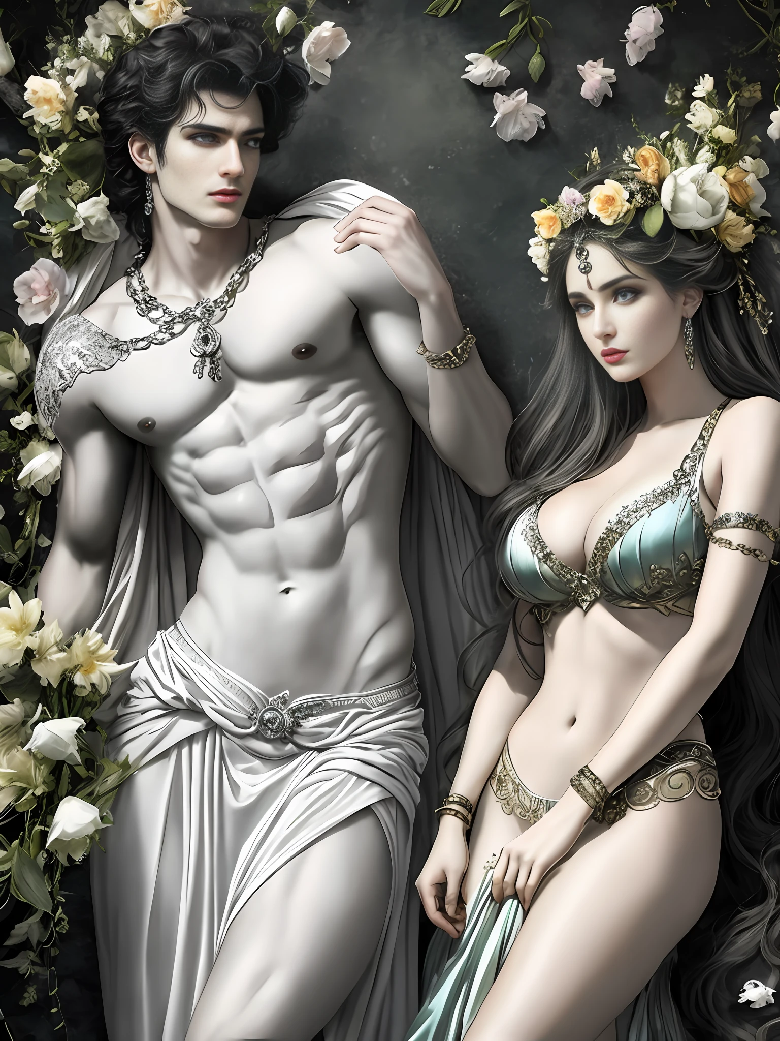 Greek god Hades, the lord of the underworld, and Greek goddess Persephone, the goddess of spring. Extraordinary beauties, perfect bodies, detailed rendering of the eyes, perfect eyes.