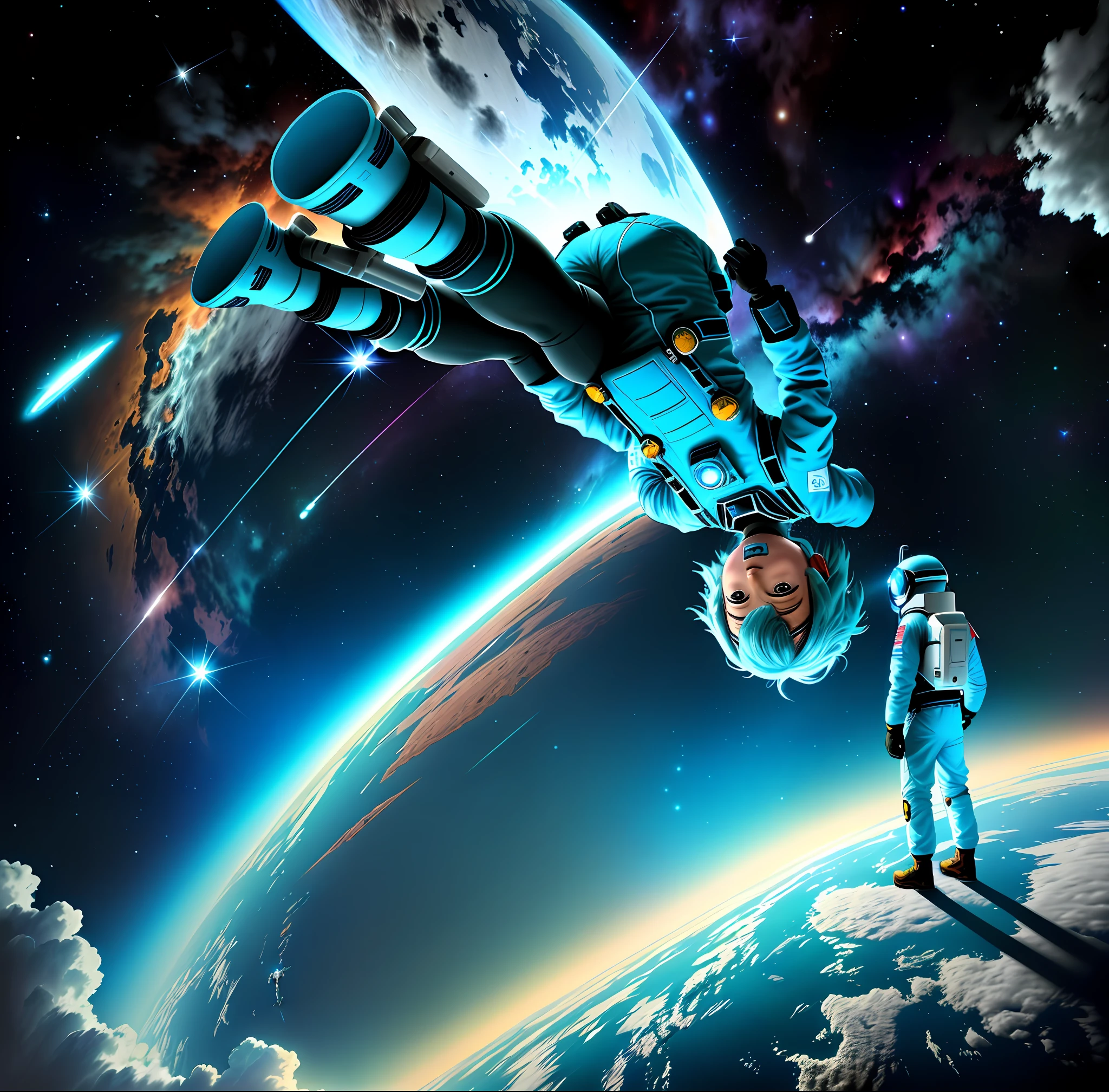 Create an astronaut, in the space uniform, the color cyan, and either his side one, spaceship, catching fire, or side of the planet Mars