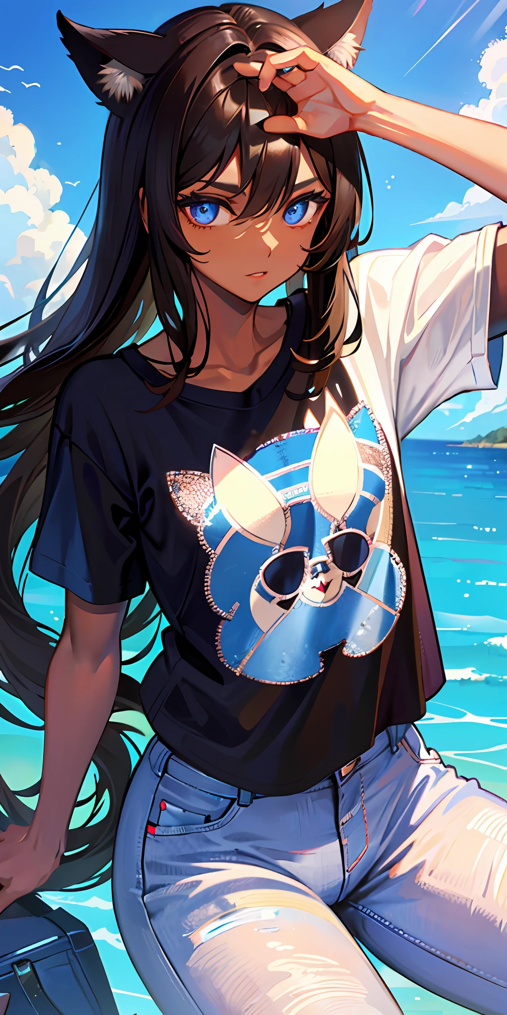 pretty face, (dark skin: 1.2), brown hair, blue eyes, cat ears, baggy t-shirt, jeans