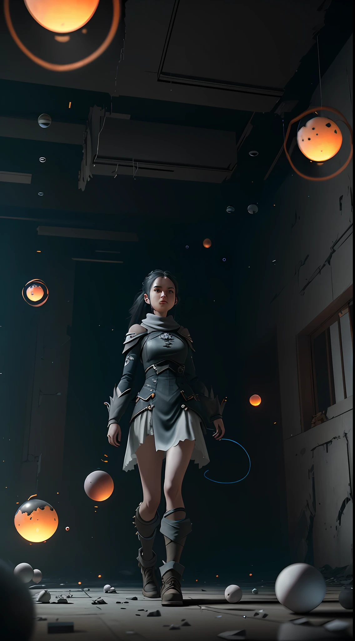 1girl,orbs,spheres,magic,rendered in Unreal Engine, peeled ceilings, broken slabs, steel bars between cracks, realistic material details, extreme details, hyper-realistic materials, photos of internal ruins, Unreal Engine rendering concept art, broken walls, Unreal Engine art, dramatic lighting. Concept art, rendered in Unreal 5, ((Unreal Engine)), Unreal Engine Art 5