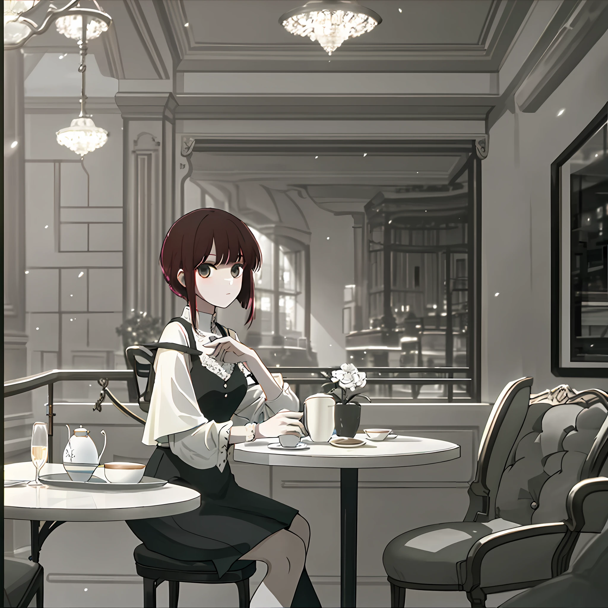 A beautiful model sitting in a café, featuring an elegant and dignified atmosphere, bright color tones, soft atmosphere, warm and cozy ambiance, telephoto lens, soft lighting, positive film, GAN technology, Unity engine, 4K ultra high definition. There is a delicate handbag placed on the table.