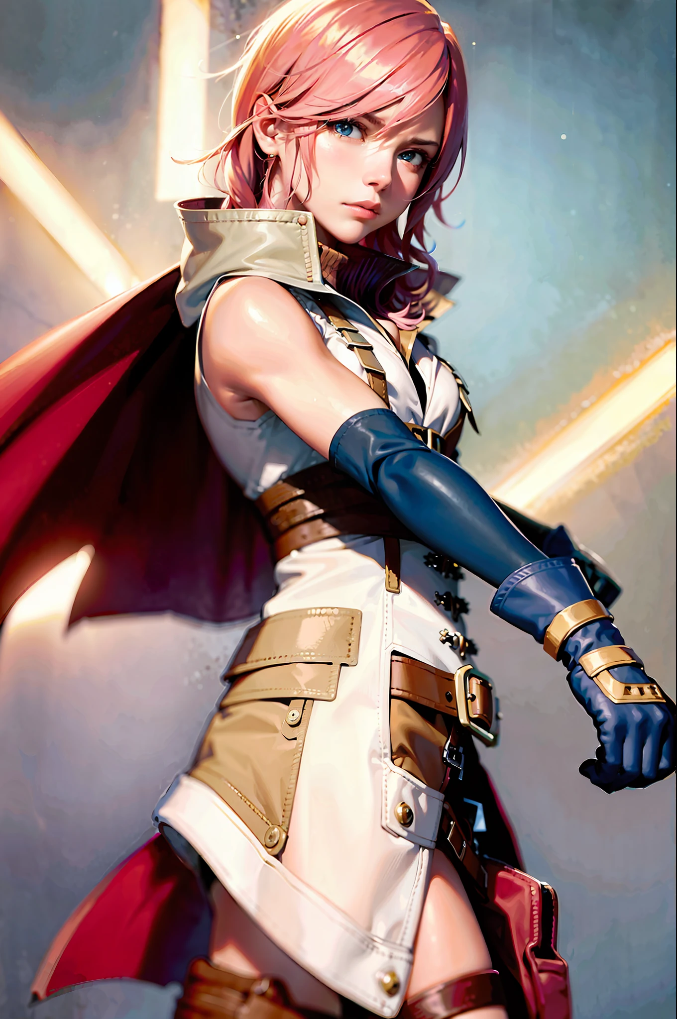 (masterpiece, best quality:1.2), cowboy shot, solo, 1girl, lightning farron, expressionless, closed mouth, sleeveless, shoulder armor, cape, skirt, fingerless gloves