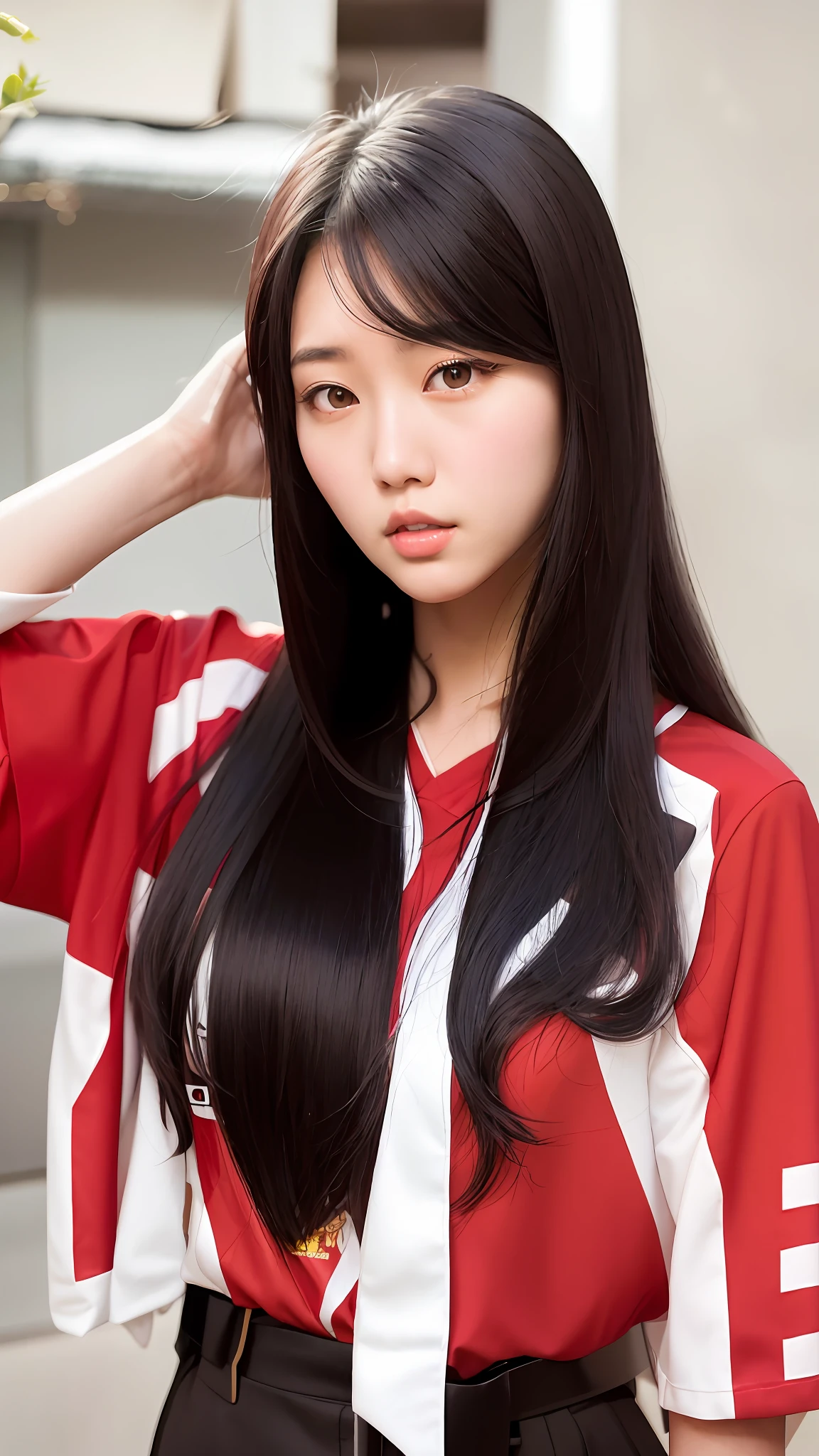 araffe asian woman with long black hair wearing a red and white shirt, korean girl, beautiful south korean woman, korean woman, black hime cut hair, portrait of female korean idol, ulzzang, beautiful young korean woman, wan adorable korean face, gorgeous young korean woman, ilya kuvshinov with long hair, girl with black hair, beautiful black hair