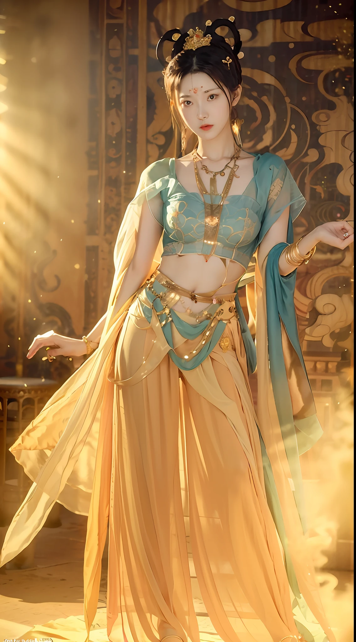 (8k, RAW photo, best quality, masterpiece: 1.2), (realistic, photo-realistic: 1.4), (extremely detailed CG unity 8k wallpaper), 1 girl solo, full body, thighs, navel exposed, golden waist chain, golden accessories, particles, dance, dunhuang_dress, dunhuang_style, dunhuang_background, blurry_background,