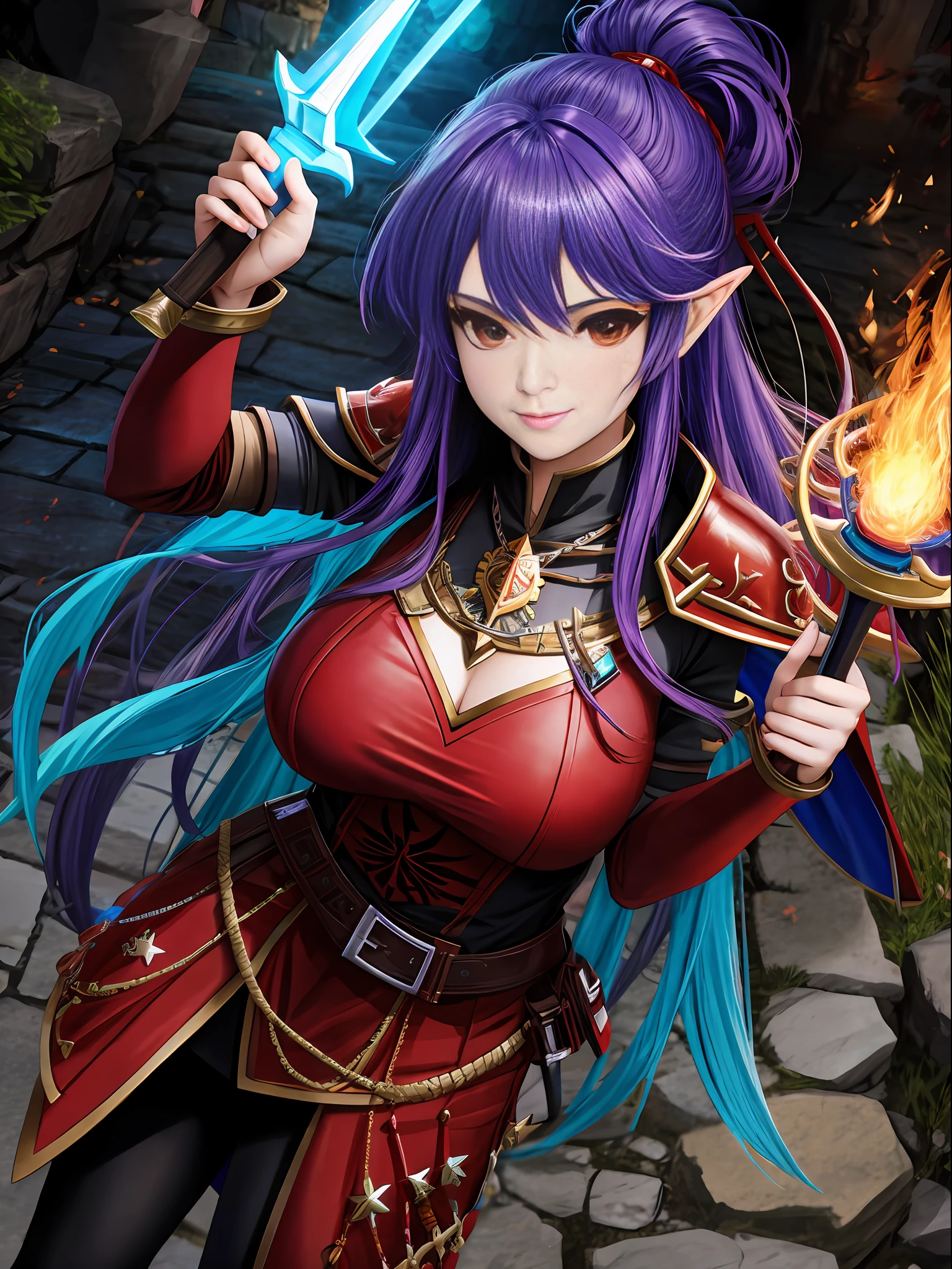 1 magical warrior girl, with red costume with black parts, red eyes, rainbow hair, huge breasts, holding a fire elemental sword, in a dungeon in zelda breath of the wild, looking at the viewer, evil smile, anime, high detail, Realism, Hyperrealism, wide shot, 16k, UHD, masterpiece, high details, best quality, award winning, highres