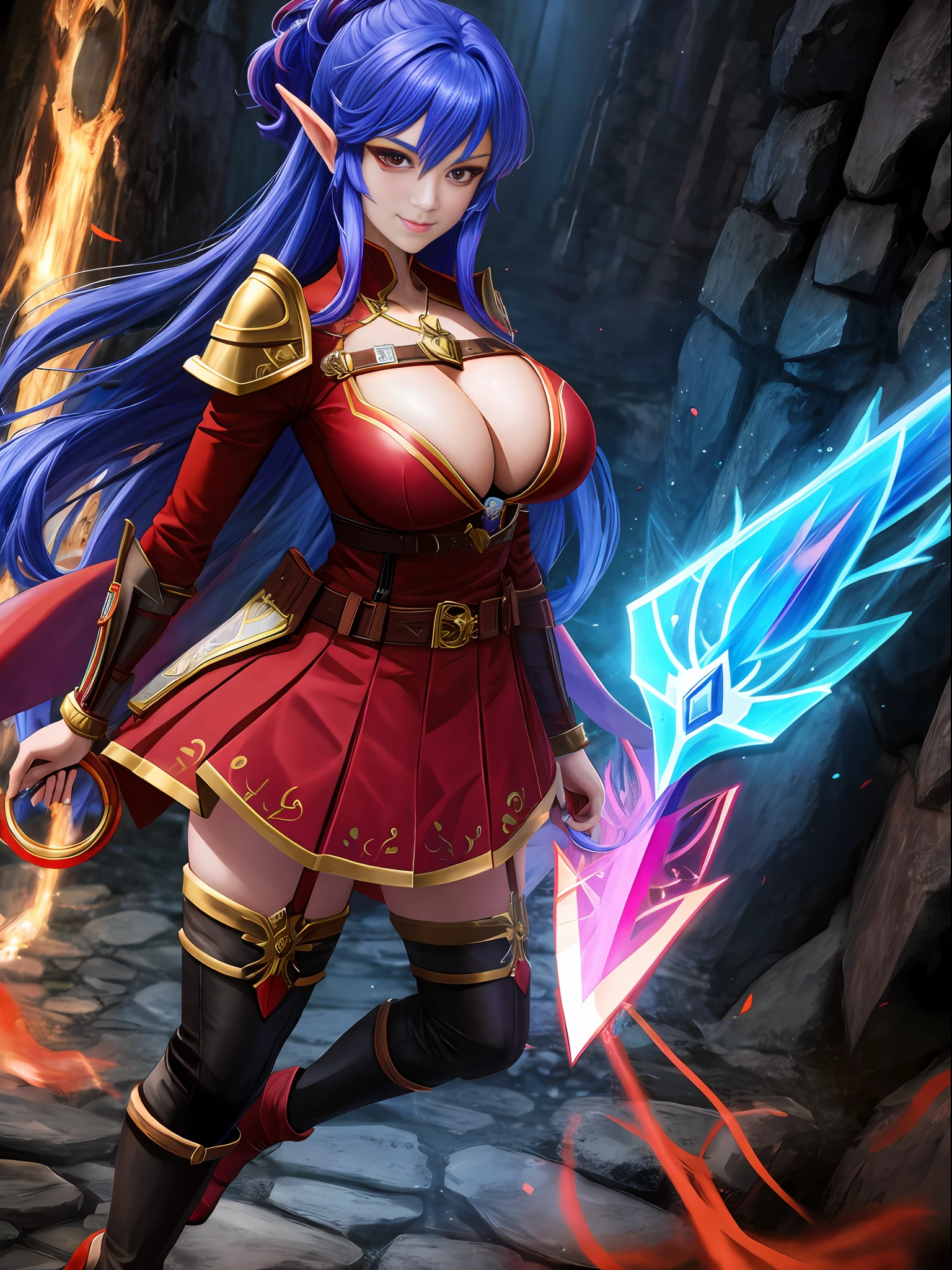 1 magical warrior girl, with red costume with black parts, red eyes, rainbow hair, huge breasts, holding a fire elemental sword, in a dungeon in zelda breath of the wild, looking at the viewer, evil smile, rainbow hair, anime, high detail, Realism, Hyperrealism, wide shot, panorama, wide shot, 16k, UHD, masterpiece, high details, best quality, award winning, highres