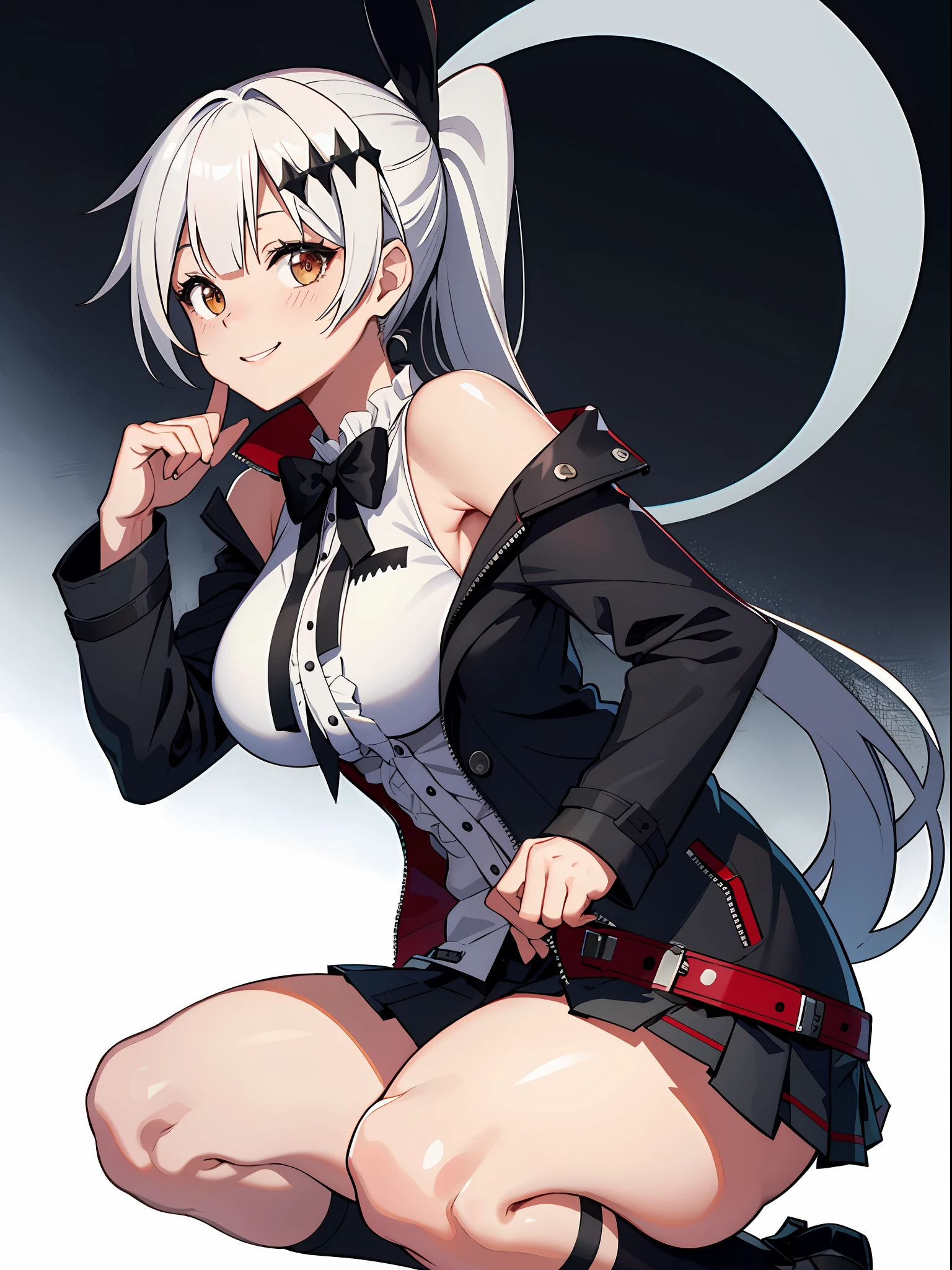 (masterpiece), (best quality), ((high resolution)), fiveseven, long ponytail, wool jacket off the shoulder, black pleated skirt, smile, (thigh strap, skin dentation), (white background: 1.3), squatting, thighs, large breasts