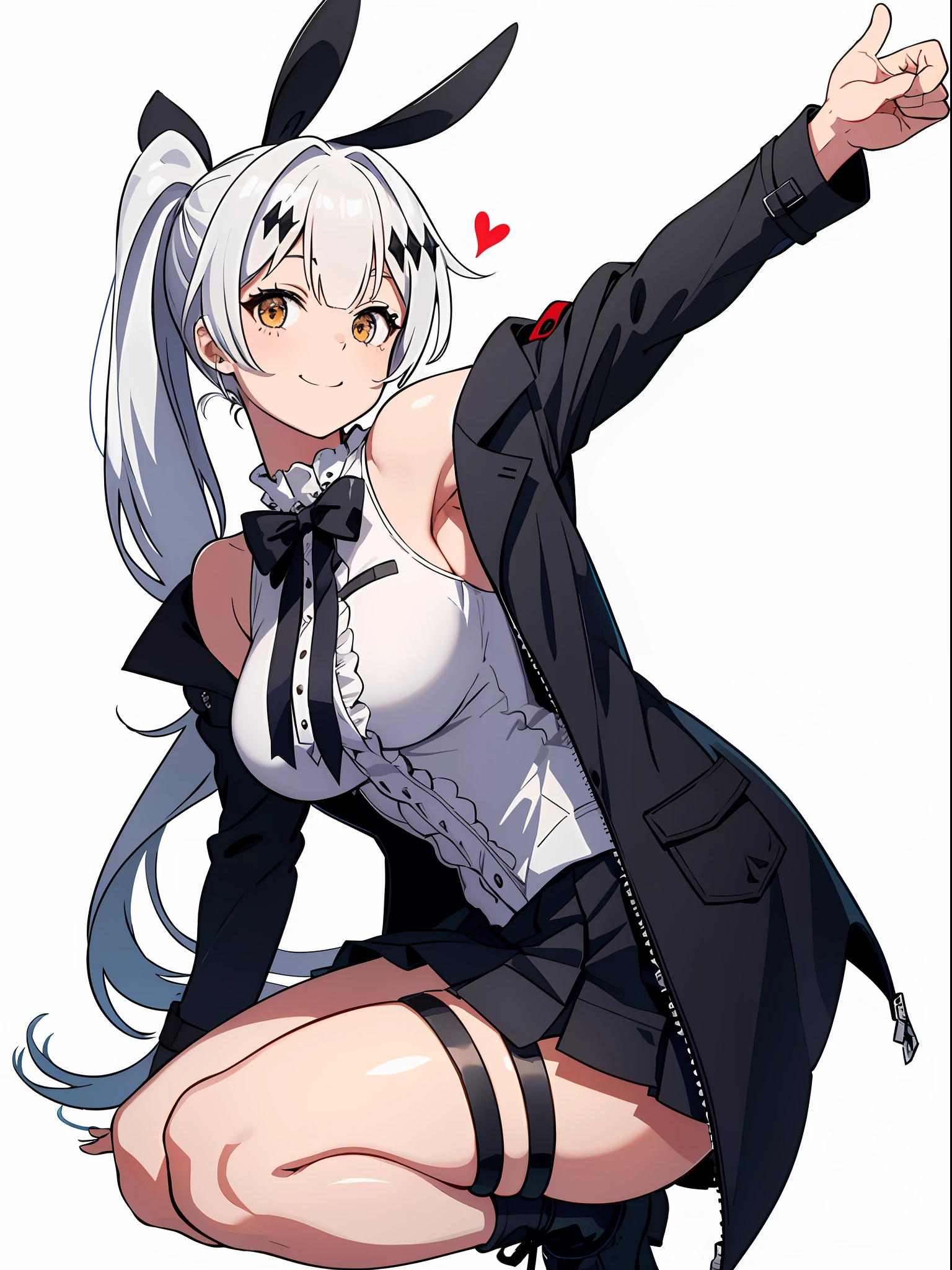 (masterpiece), (best quality), ((high resolution)), fiveseven, long ponytail, wool jacket off the shoulder, black pleated skirt, smile, (thigh strap, skin dentation), (white background: 1.3), squatting, thighs, large