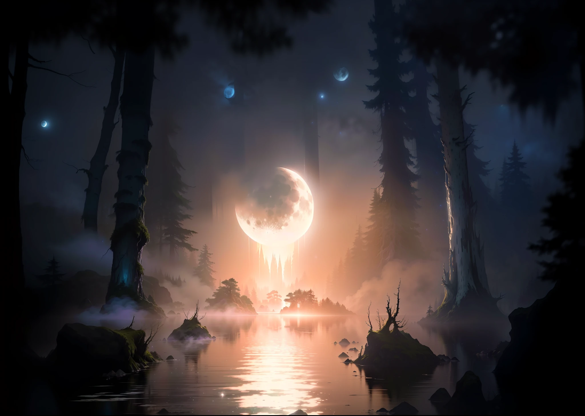there is a picture of a moon that is in the sky, mystical forest lagoon, moonlit forest environment, moonlit backdrop, forest and moon, moonlit forest, mystical scene, big moon above the water, an image of a moonlit forest, magical forest backround, artistic swamp with mystic fog, moonlit night dreamy atmosphere, mystical setting, eerie luminosity