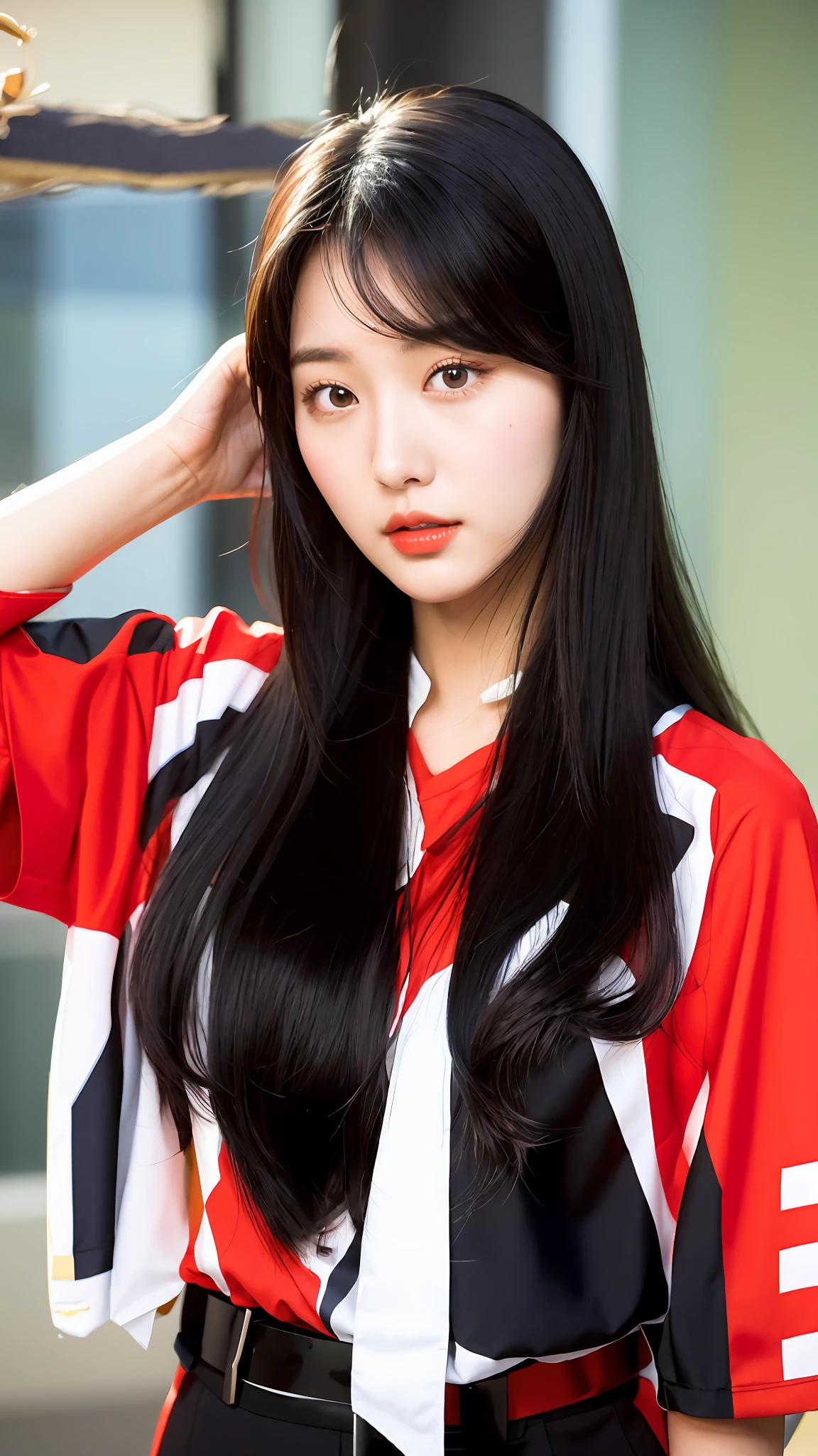 araffe asian woman with long black hair wearing a red and white shirt, korean girl, beautiful south korean woman, korean woman, black hime cut hair, portrait of female korean idol, ulzzang, beautiful young korean woman, wan adorable korean face, gorgeous young korean woman, ilya kuvshinov with long hair, girl with black hair, beautiful black hair