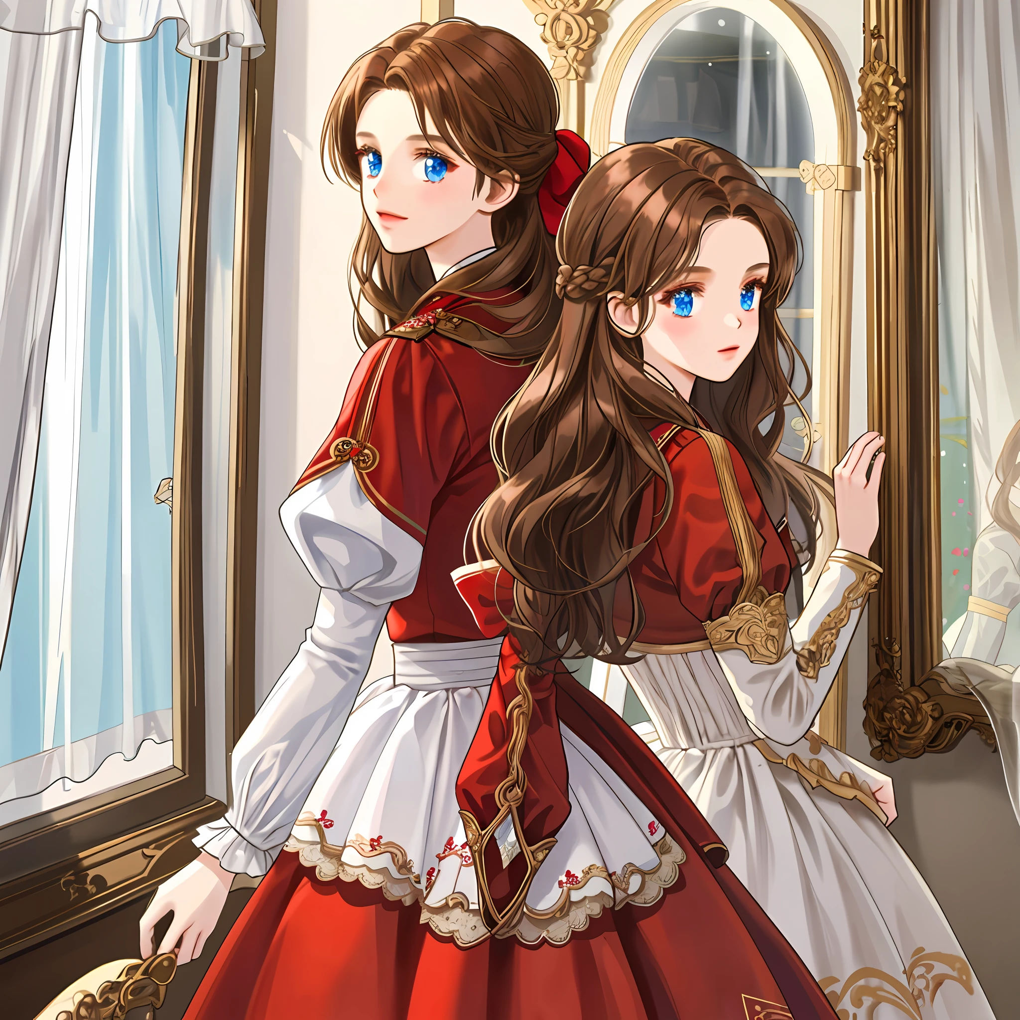 from behind, tender girl, girl with brown hair, bright blue eyes, reflected light, transparent curtains, wearing a red coat and white dress,