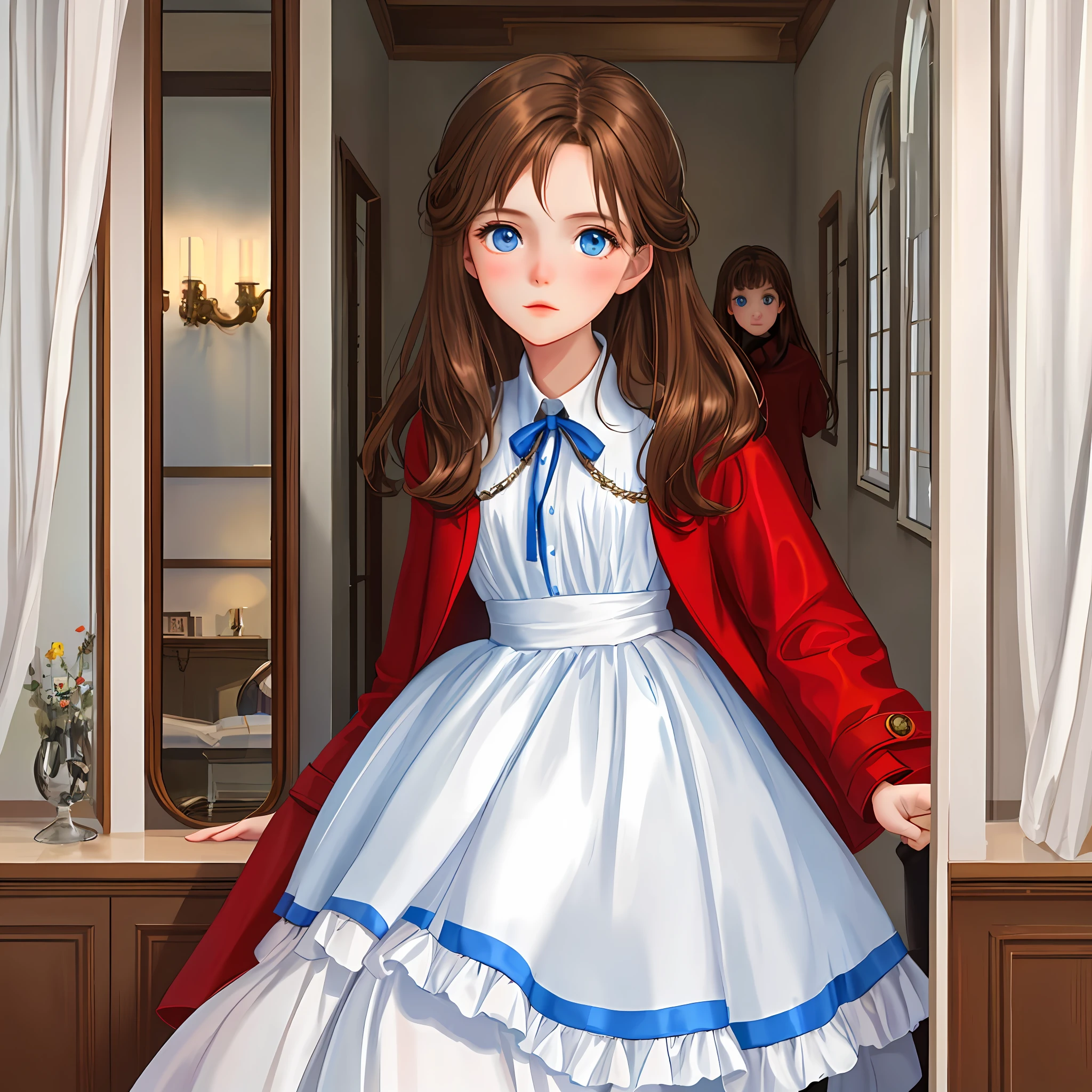 from behind, tender girl, girl with brown hair, bright blue eyes, reflected light, transparent curtains, wearing a red coat and white dress,
