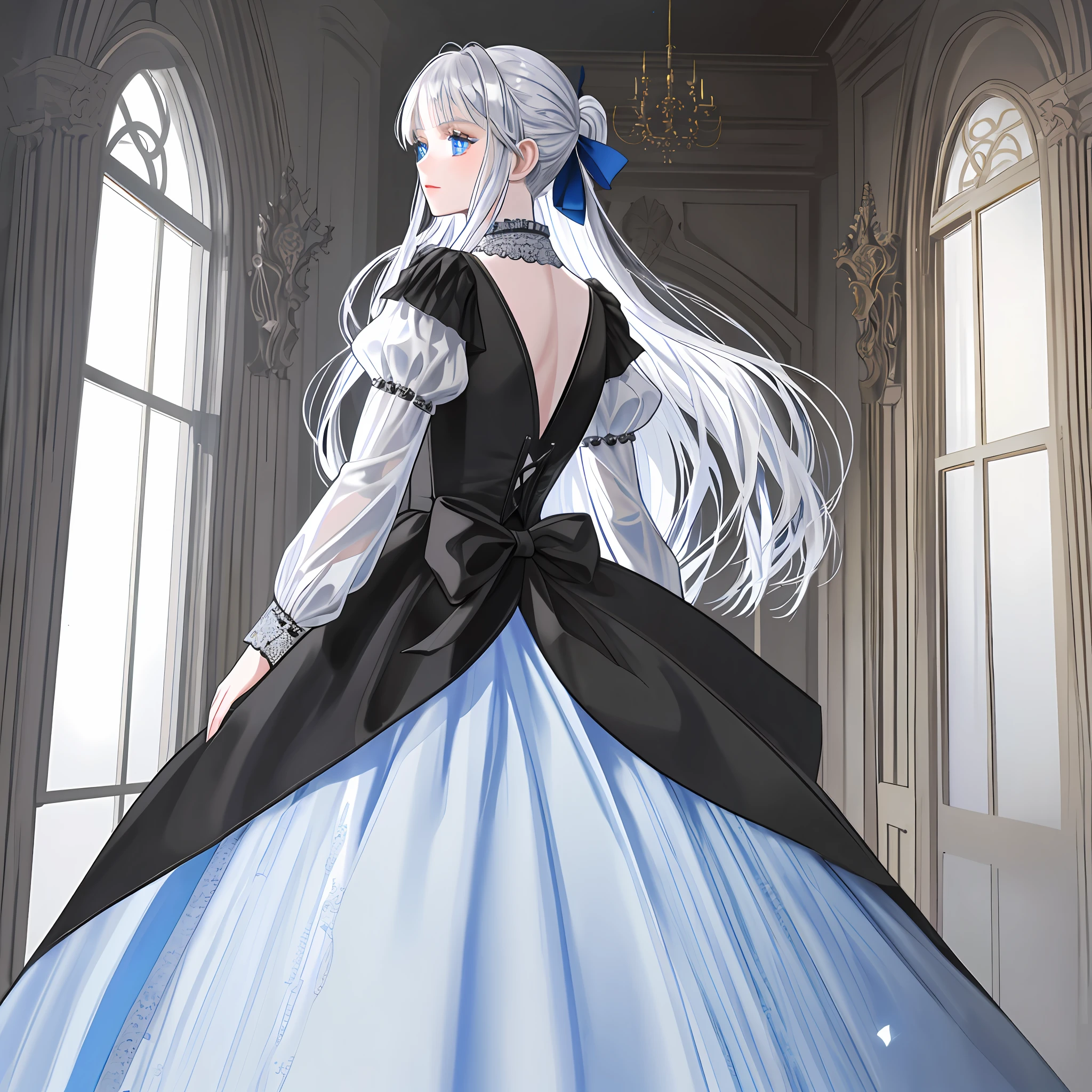 from behind, tender girl, girl with silver hair, bright blue eyes, reflected light, transparent curtains, dressed in a black coat, white blouse and a black skirt,