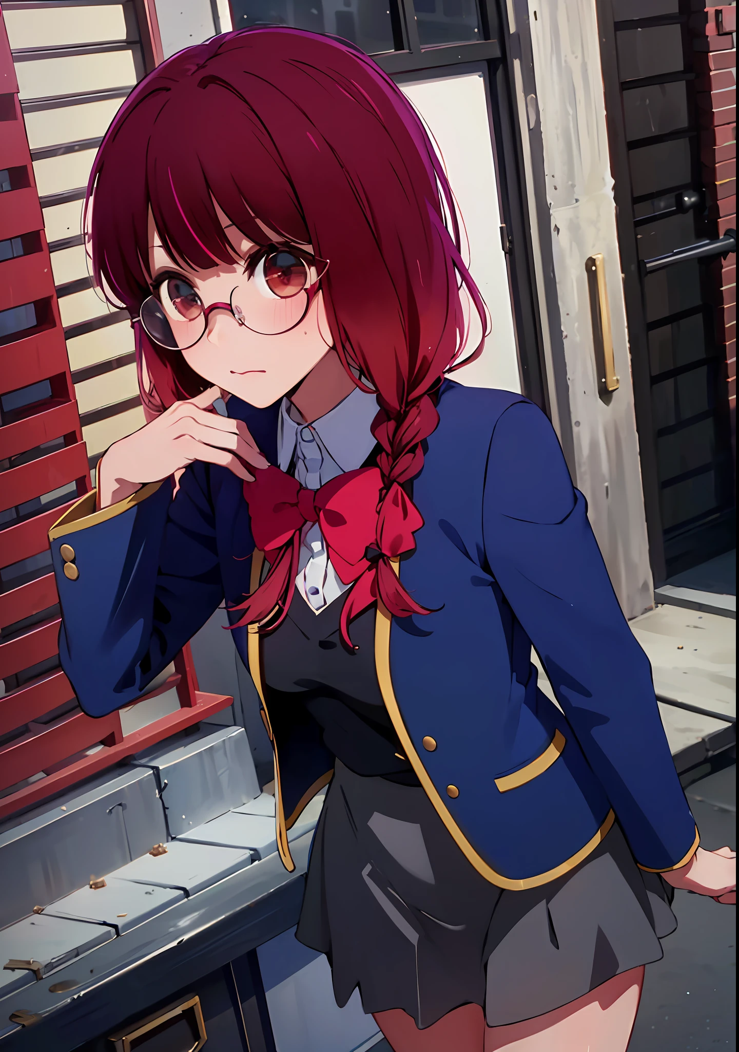(8k, RAW photo, highly sensitive, best quality, extremely detailed hair, masterpiece, ultra high res, photorealistic:1.25) kr-pny, thin rimmed glasses, the front, twin braids, parted bangs, 1girl, school uniform, dark grey open jacket, dark grey blazer, pleated skirt, plaid skirt, huge breasts, gold round eyewear, reading a book, shy and quiet girl, looking afar, holding a book,