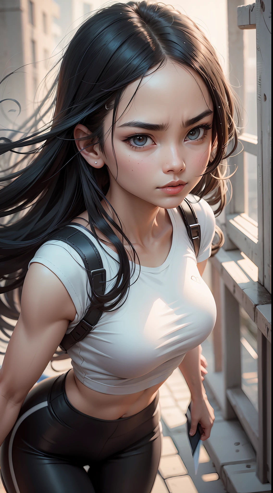 videl dragonball, serious face, white t-shirt, black leggings, original long hair black, long eyelashes, beautiful eyes with brightness, surrealism, shadow, stereogram, (photorealistic, realistic: 1.2), pov, atmospheric perspective, cinematic lighting, ray tracing, 8k, super detail, best quality, masterpiece, well detailed, (Canan EOS R6, 135mm, 1/1250s, f/2.8, ISO 400:0.9)