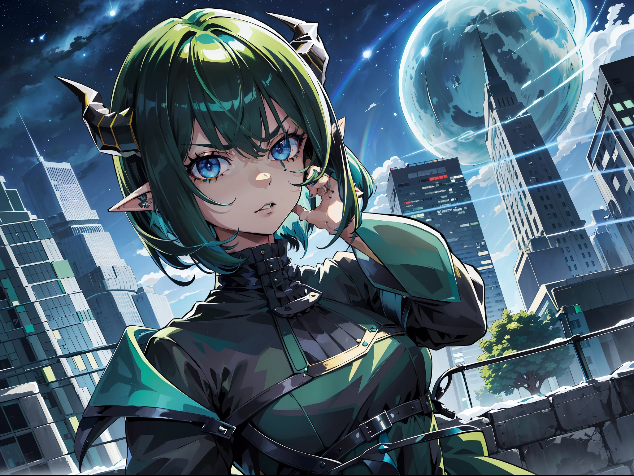 ((highest quality, masterpiece, 4k, finely detailed, detailed eyes, detailed face, gelbooru, pixiv)), warm lighting, ((highest quality, masterpiece, 4k, finely detailed, detailed eyes, detailed face, gelbooru, pixiv)), warm lighting, ((solo)), 1 woman, adult woman, wide hips, seductive, ((two rainbow colored demon horns)), ((very sharp eye shape, dark mascara, steel blue eye color)), (((green haircolor, shaggy hair, bob haircut)), looking at viewer, mean expression, ((modern black dress)), night sky, moon shine, dominant pose, ((pointy ears)), ((modern setting)), city background