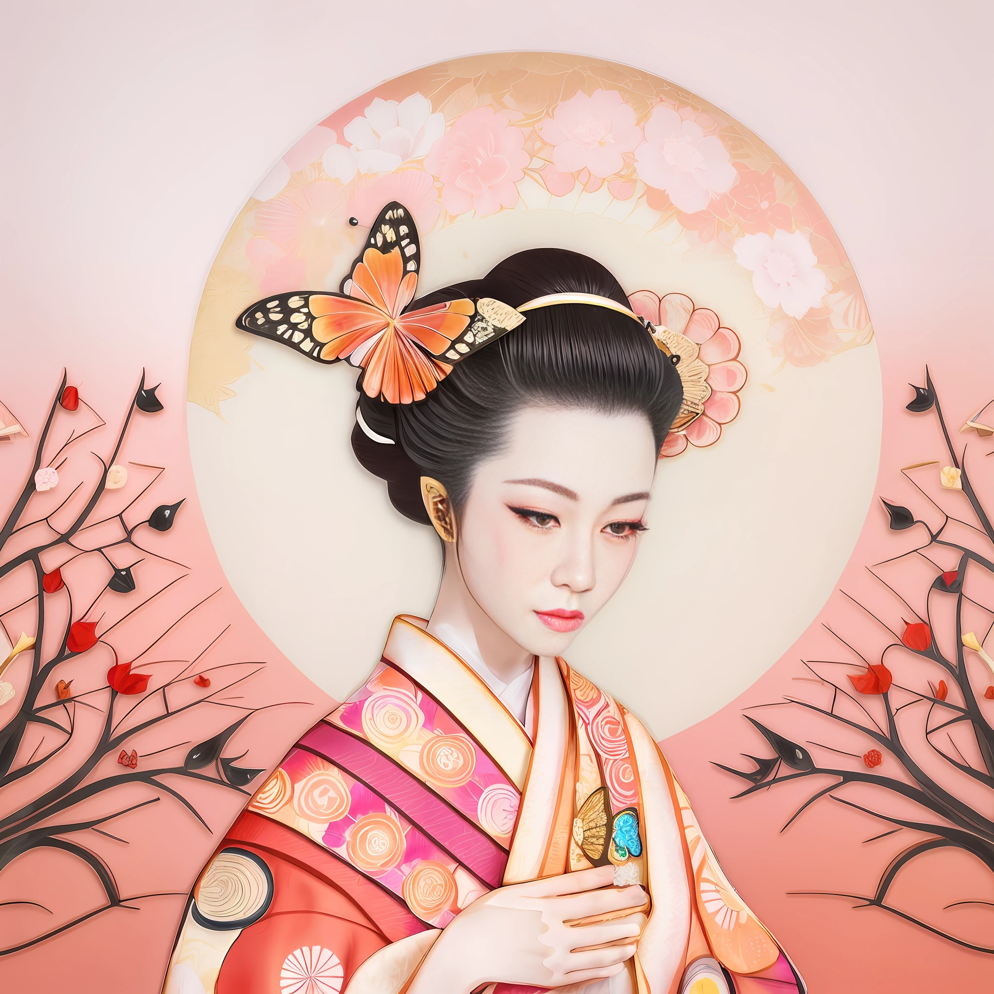 araffe woman in kimono dress with butterfly in her hair, portrait of a beautiful geisha, beauty geisha, japanese geisha, japanese art style, portrait of geisha, female geisha girl, elegant japanese woman, skilled geisha of the japanese, inspired by Uemura Shōen, japanese woman, a beautiful artwork illustration, japanese goddess