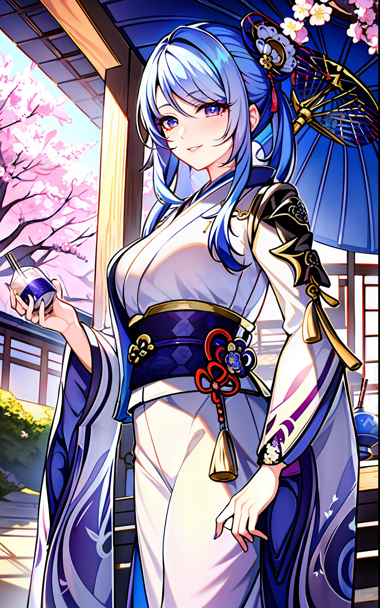(masterpiece:1.2), (best quality:1.2), ayato(genshin impact) perfect eyes, perfect face, midium hair, volumetric lighting, 1girl, mature female , blue hair, traditional Japanese hairdo, blue clothes, calm smile, beautifully detailed eyes eyes, midium breasts, floral pattern, embroideries, long nails, makeup, thick eyelashes, mole under lips, standing in a Japanese garden, detailed background, holding boba, boba milk tea