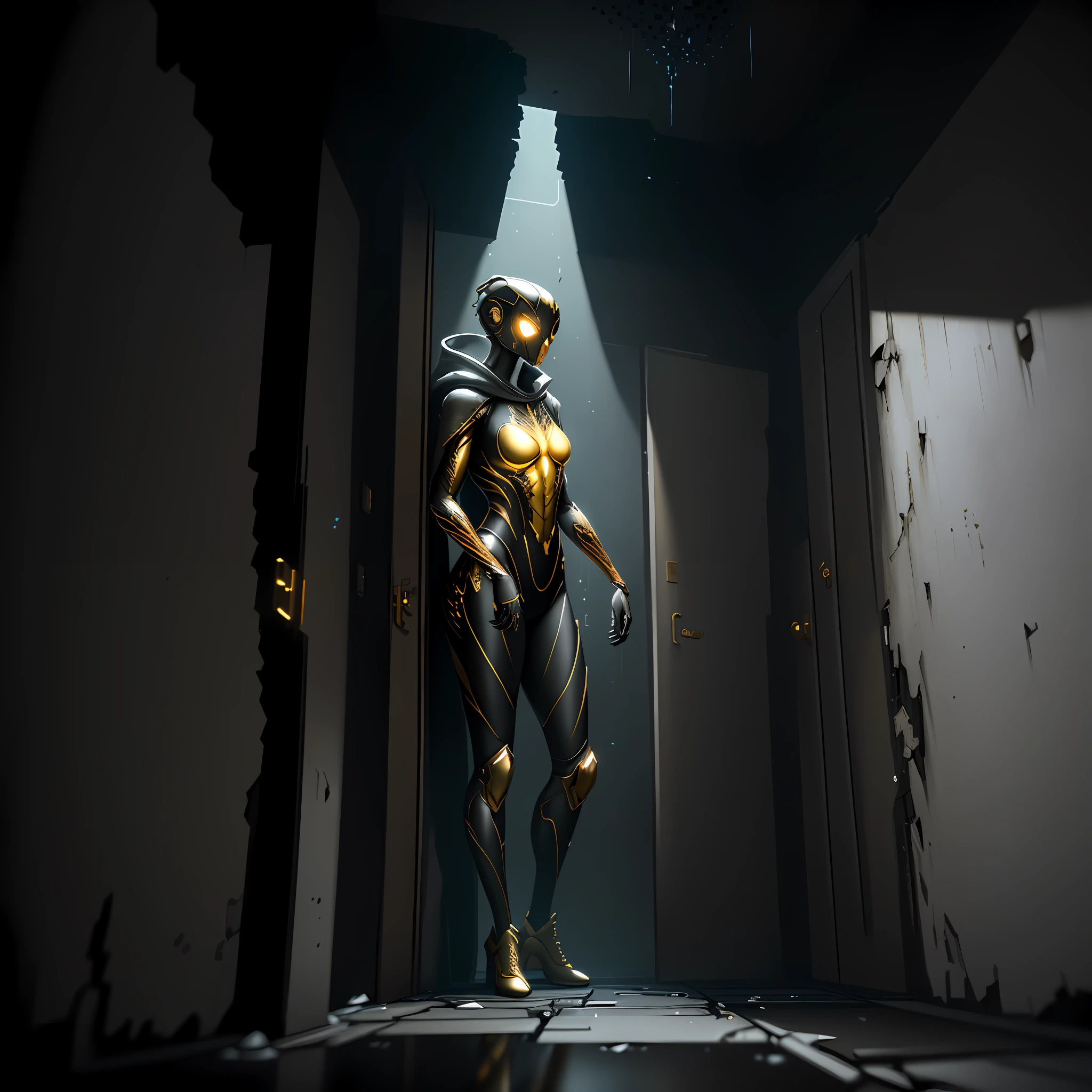 gold and white, spider woman, drip suit, heavy rain, magical, highly detailed, trend in artstation,rendered in Unreal Engine, peeled ceilings, broken slabs, steel bars between cracks, realistic material details, extreme details, hyper-realistic materials, photos of internal ruins, Unreal Engine rendering concept art, broken walls, Unreal Engine art, dramatic lighting. Concept art, rendered in Unreal 5, ((Unreal Engine)), Unreal Engine Art 5