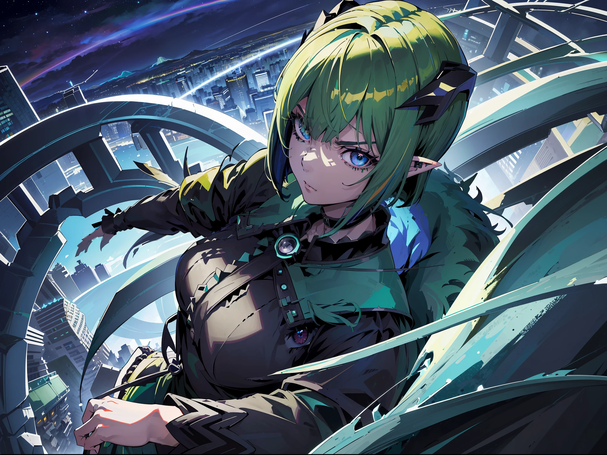 ((highest quality, masterpiece, 4k, finely detailed, detailed eyes, detailed face, gelbooru, pixiv)), warm lighting, ((highest quality, masterpiece, 4k, finely detailed, detailed eyes, detailed face, gelbooru, pixiv)), warm lighting, ((solo)), 1 woman, adult woman, wide hips, seductive, ((two rainbow colored demon horns)), ((very sharp eye shape, dark mascara, steel blue eye color)), (((green haircolor, shaggy hair, bob haircut)), looking at viewer, mean expression, ((modern dress, dark black color)), night sky, moon shine, dominant pose, ((pointy ears)), ((modern setting)), city background