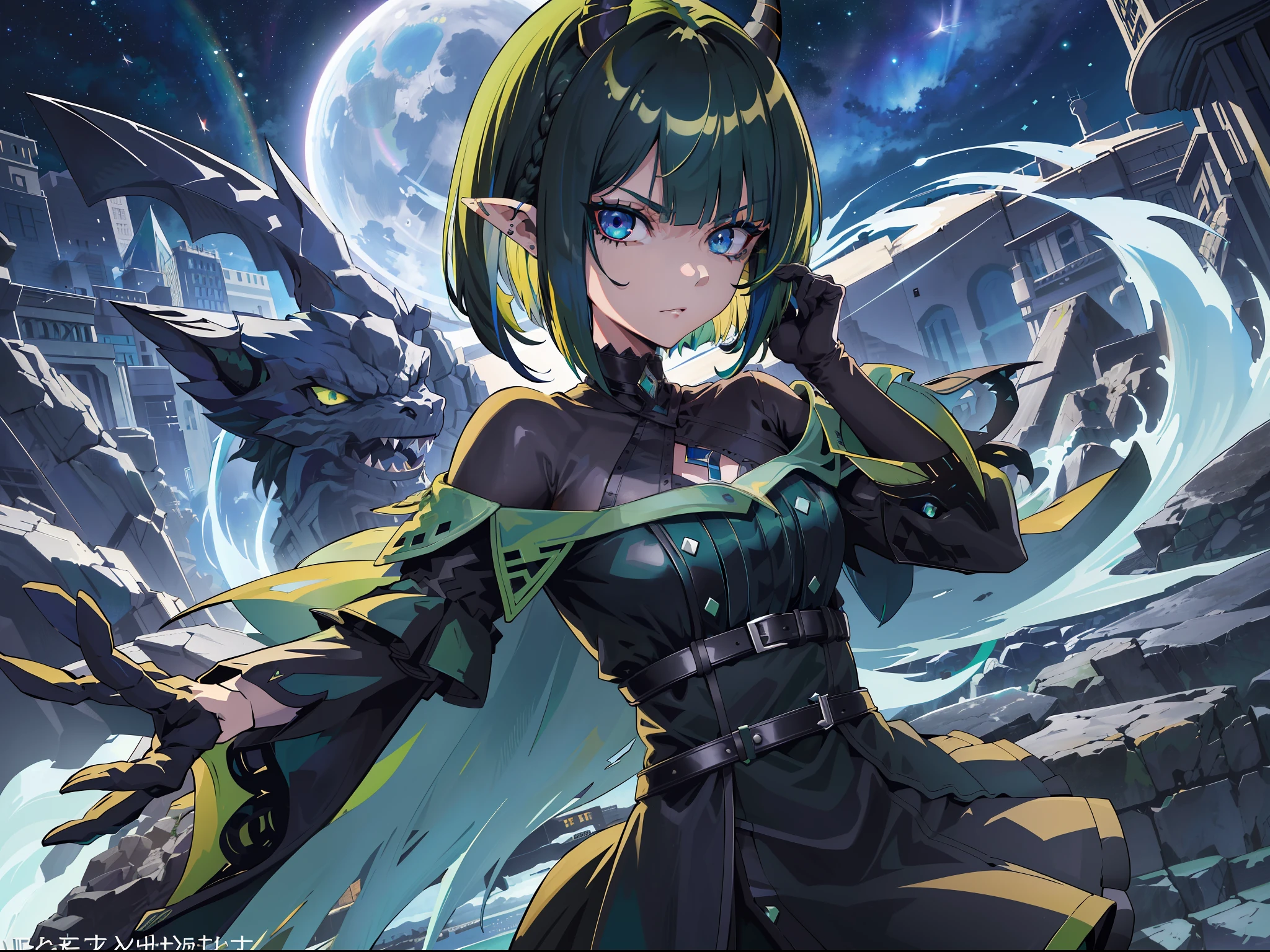 ((highest quality, masterpiece, 4k, finely detailed, detailed eyes, detailed face, gelbooru, pixiv)), warm lighting, ((highest quality, masterpiece, 4k, finely detailed, detailed eyes, detailed face, gelbooru, pixiv)), warm lighting, ((solo)), 1 woman, adult woman, mature woman, wide hips, seductive, ((two rainbow colored demon horns)), ((very sharp eye shape, dark mascara, steel blue eye color)), (((green haircolor, shaggy hair, bob haircut)), looking at viewer, mean expression, ((modern dress, dark black color)), night sky, moon shine, dominant pose, ((pointy ears)), ((modern setting)), city background
