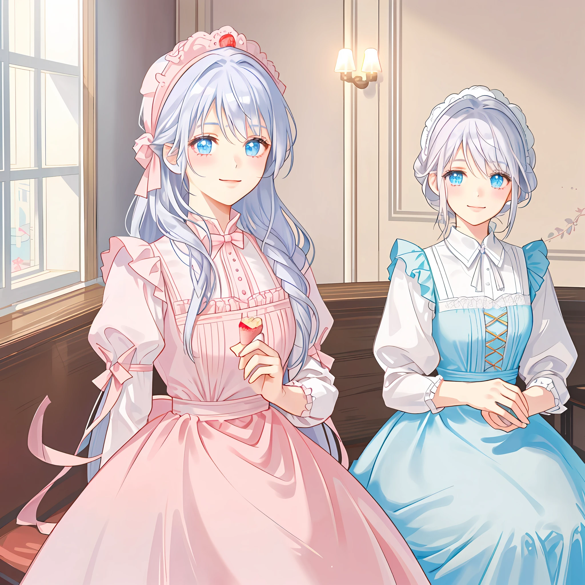 A girl sitting in a pastry shop eating a strawberry cake, white and pink pastry, silver hair, light blue eyes, tender smile, pastel pink dress with white apron, lights,