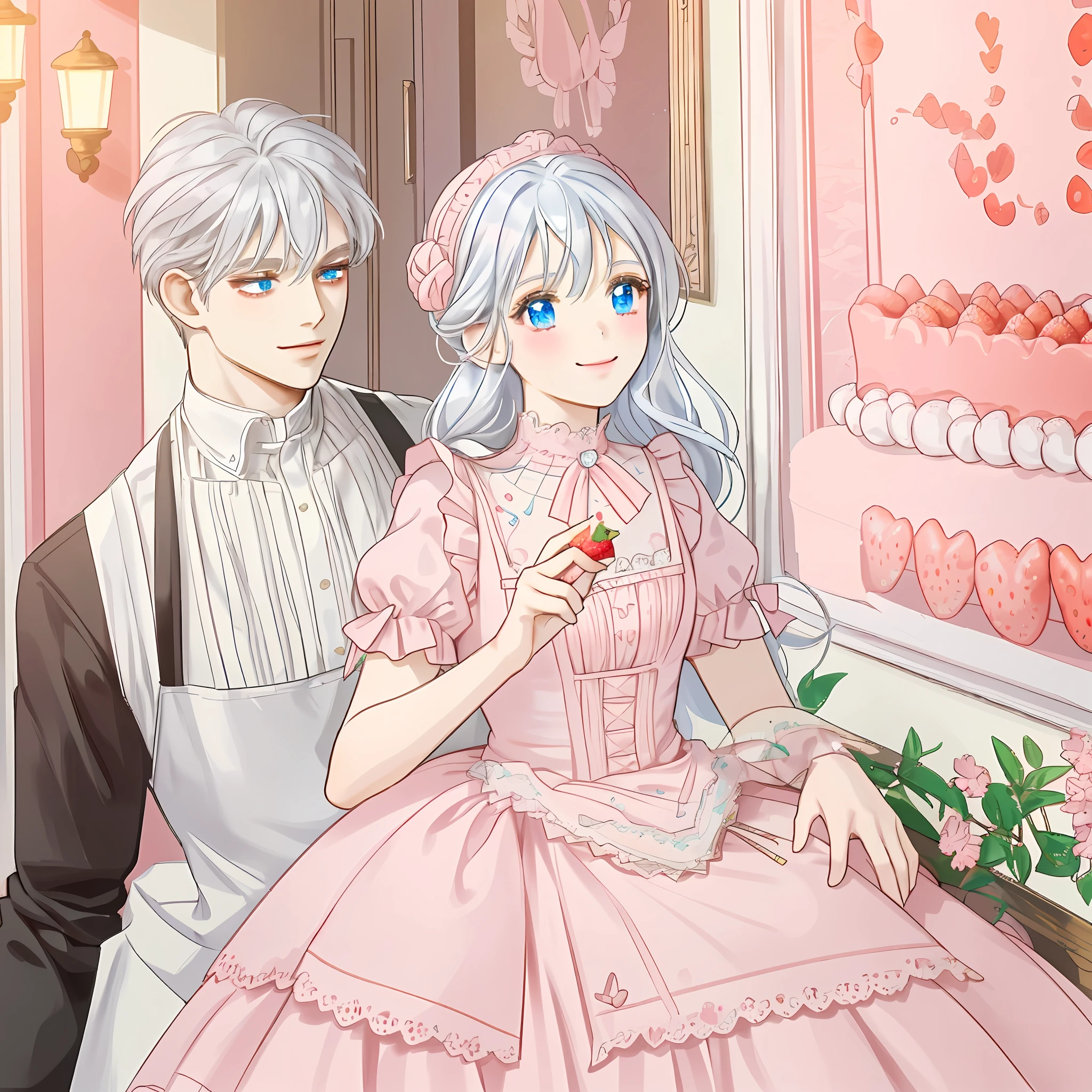 A girl sitting in a pastry shop eating a strawberry cake, white and pink pastry, silver hair, light blue eyes, tender smile, pastel pink dress with white apron, lights,