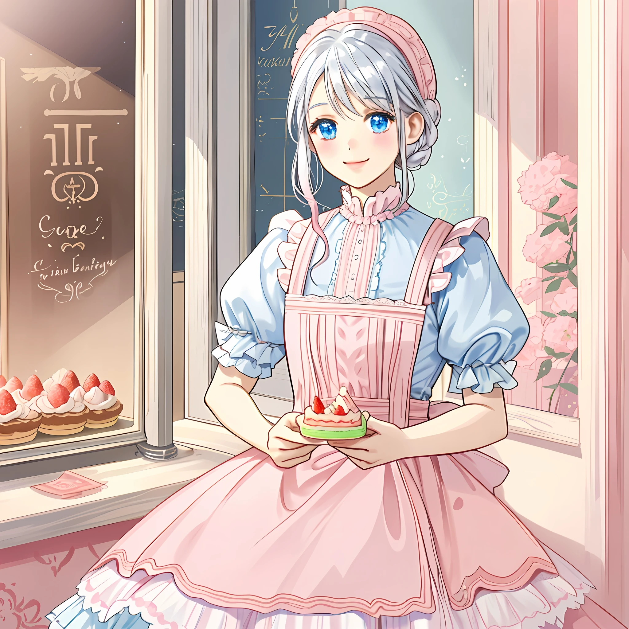 A girl sitting in a pastry shop eating a strawberry cake, white and pink pastry, silver hair, light blue eyes, tender smile, pastel pink dress with white apron, lights,