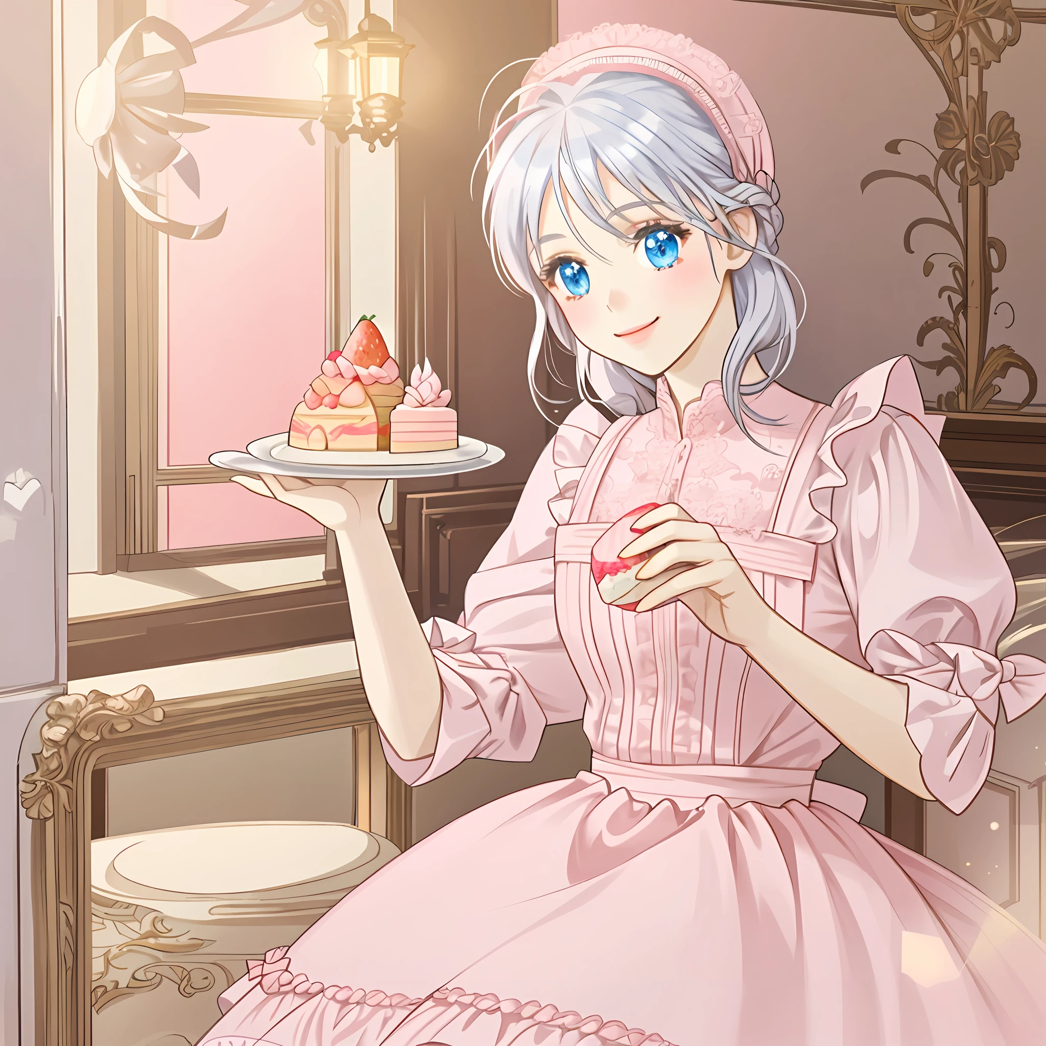 A girl sitting in a pastry shop eating a strawberry cake, white and pink pastry, silver hair, light blue eyes, tender smile, pastel pink dress with white apron, lights,