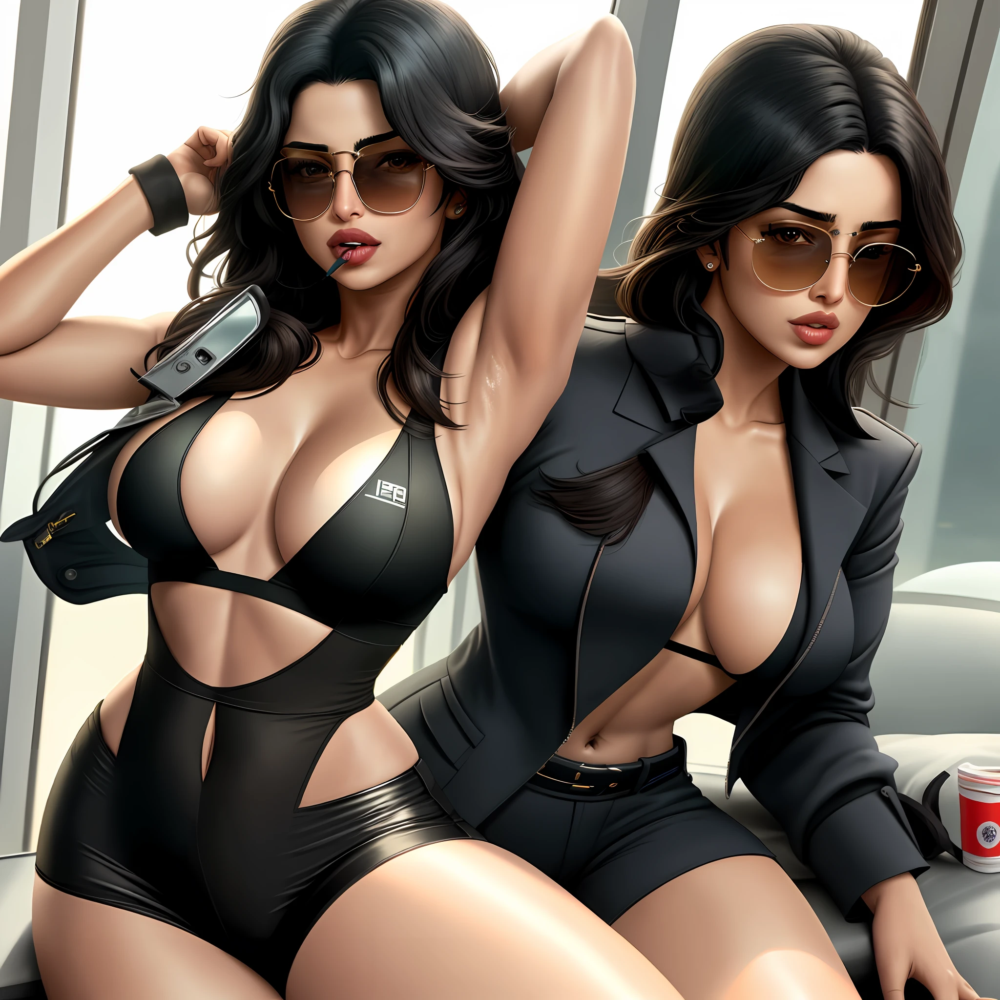 Priyanka Chopra, wearing FBI clothing, low-cut, with bulky breasts, with sunglasses, long black hair, lollipop sucking, too sexy, 8k,16k, sunny environment,