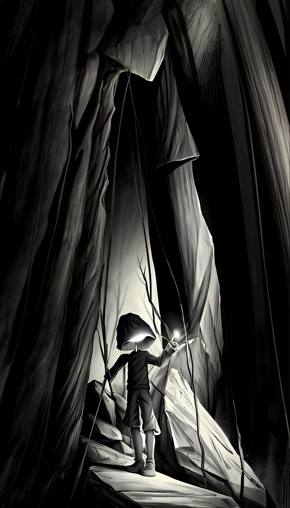 a drawing of a person standing in a cave with a rock, tiny person watching, slenderman in the woods, stood in a forest, hiding, behind a forest, ominous creature hiding detailed, lost in a cave, with a tall tree, sketch of a lucid dream, poorly drawn, long trunk holding a wand, slenderman