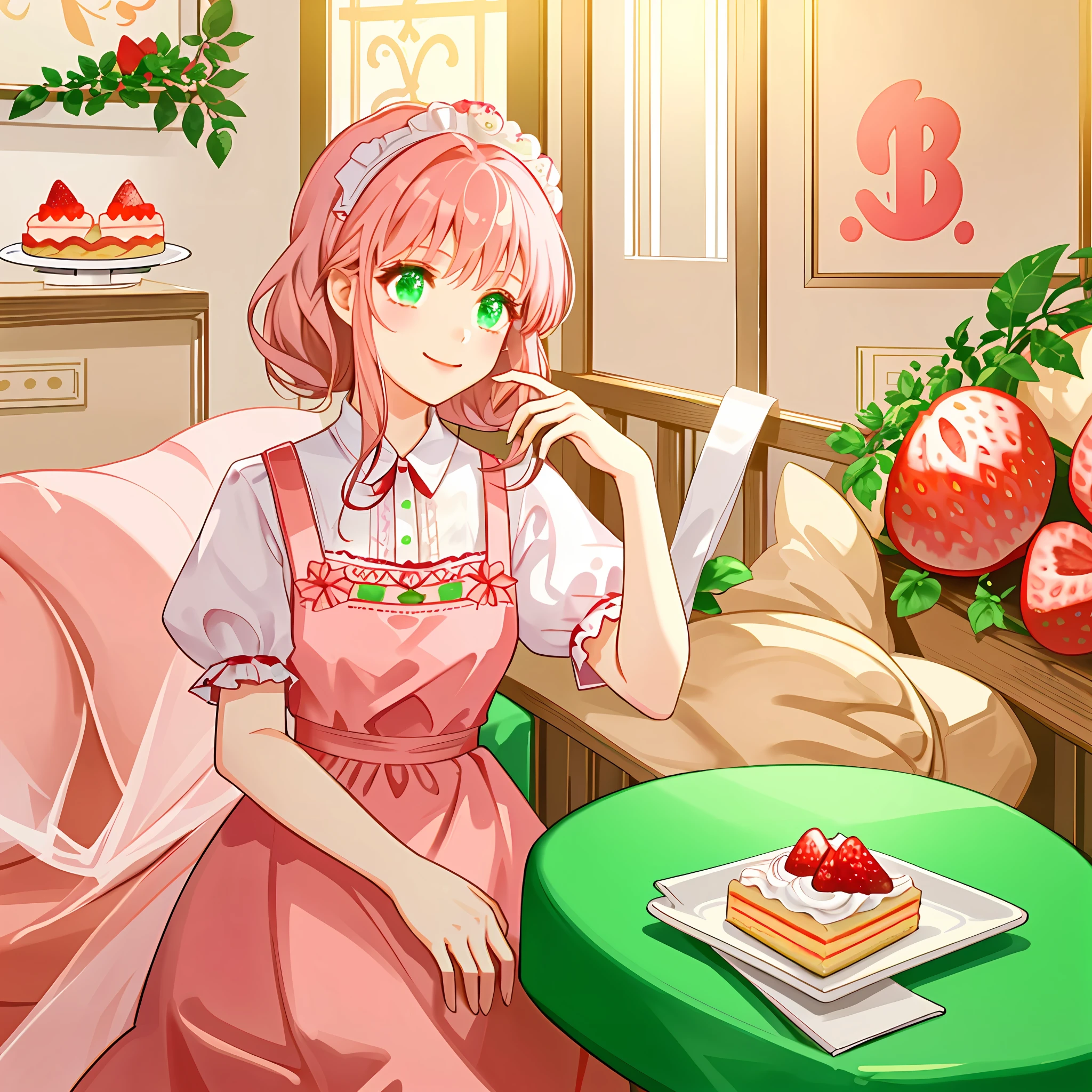 A girl sitting in a pastry shop eating a strawberry cake, white and pink pastry, hair with brown bangs, emerald green eyes, tender smile, red dress with white apron, lights, only one girl,