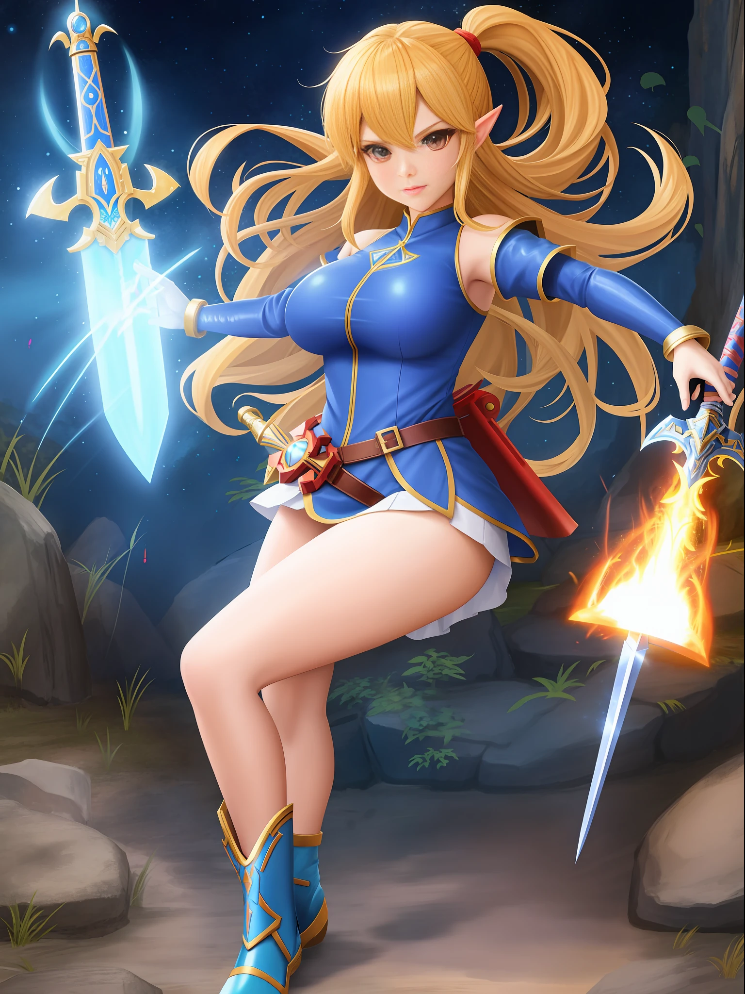 full body, 1 magical warrior girl, with [Samus Aran/Ultraman] costume, cabelo loiro, parted bangs, olhos azuis, huge breasts, holding a fire elemental sword, in a dungeon in zelda breath of the wild, looking at viewer, anime, Mortal Kombat, 16k, masterpiece, best quality, high details, anatomically correct