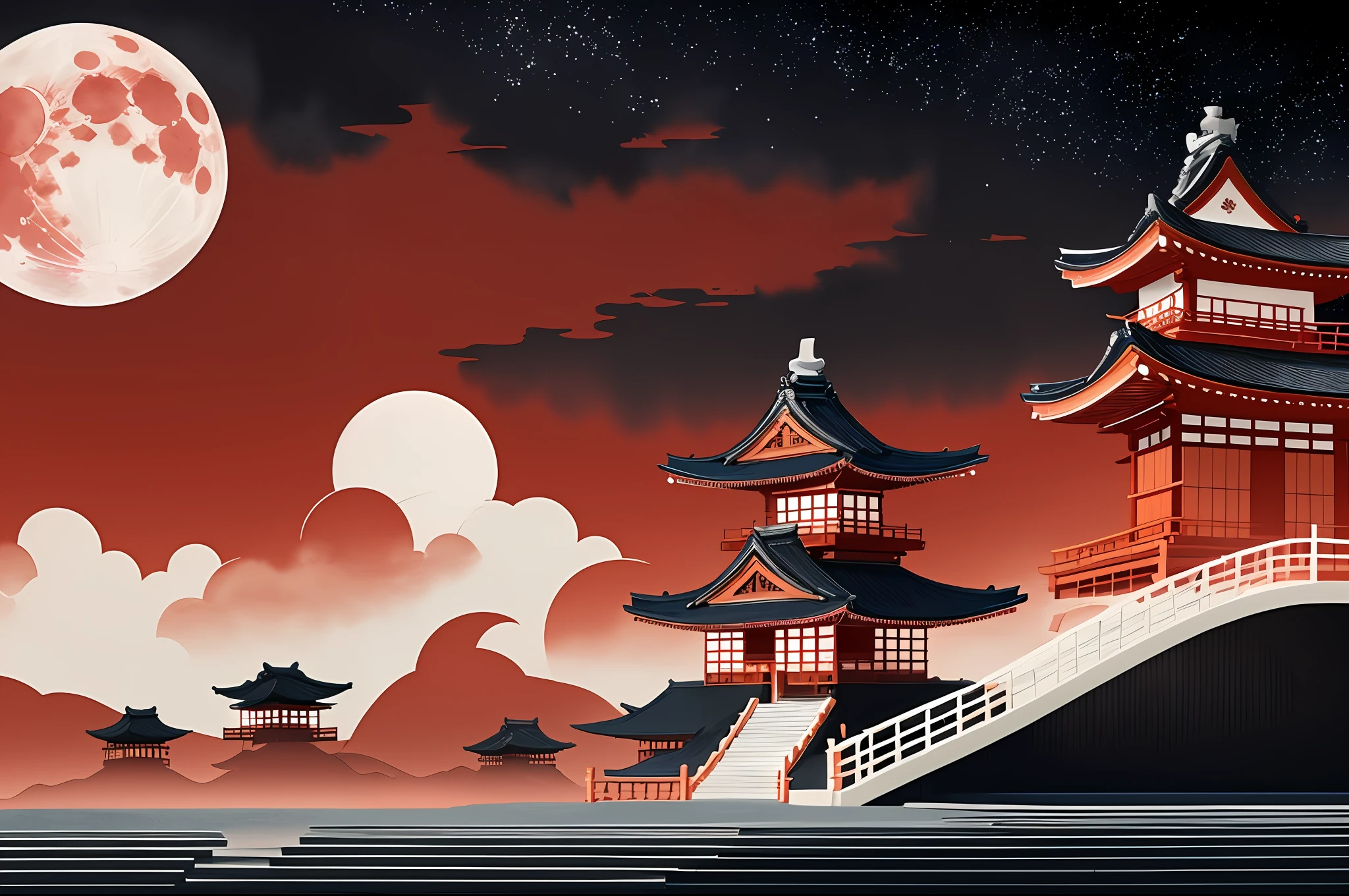 Masterpiece, best quality, (very detailed CG unity 8k wallpaper) (best quality), (best illustration), (best shadows) Nature&#39;s, graphic design, flat design, Edo period japanese ninja, red moon in the sky, watercolor splashes, highly detailed clean , professional photography, realistic, black and white abstract background, isometric, vibrant color vector , super detailed , wanostyle --v6