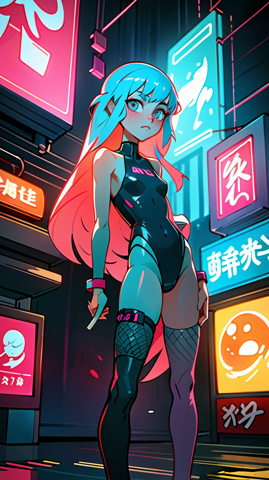 (best quality, masterpiece), 2girls, hologram, cyberpunk, neon, fog, (cartoon: 1.5), thong, tight, small, neon signs, ramen shop, fishnet stockings very low, transparent, very long hair, on piece suit, latex