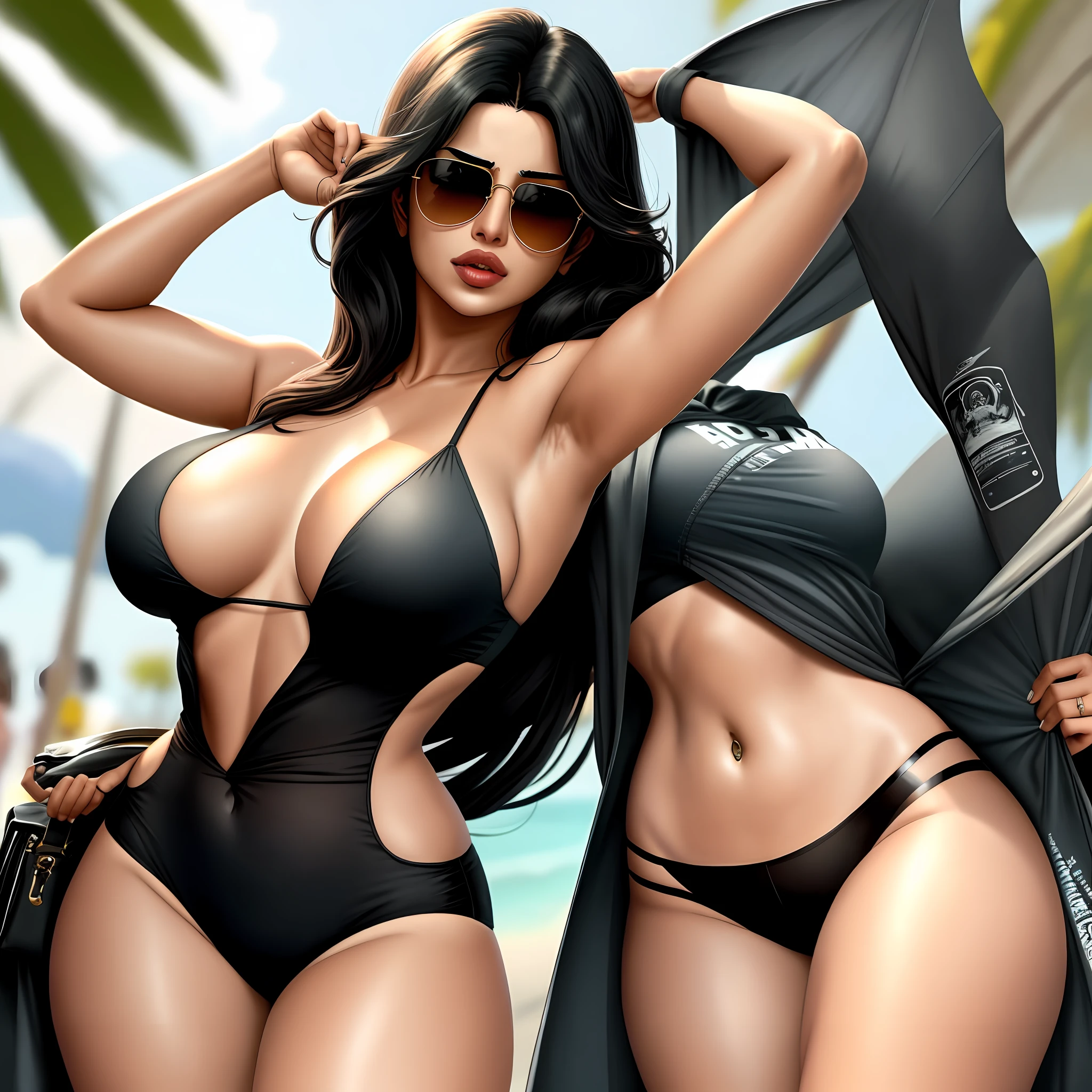 Priyanka Chopra, wearing FBI clothing, low-cut, with bulky , with sunglasses, long black hair, lollipop suckingo sexy, 8k,16sunny environment,